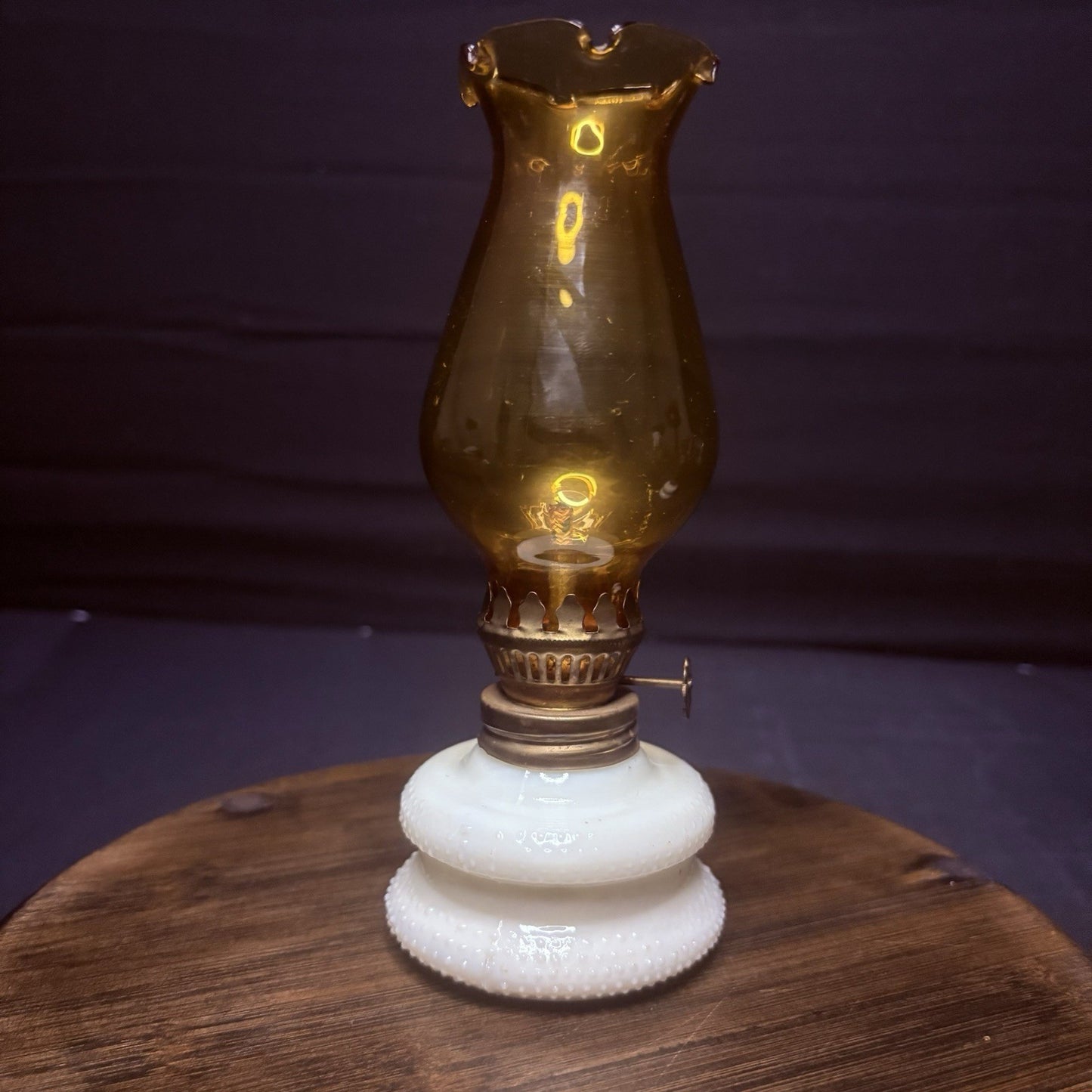 VTG Miniature Hurricane Oil Lamp Hobnail Milk Glass Base Amber Globe, Hong Kong13