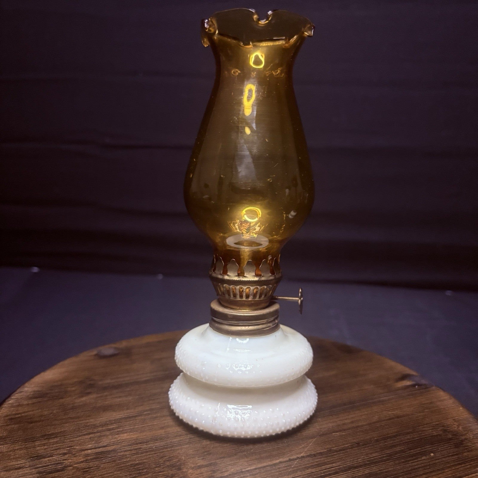 VTG Miniature Hurricane Oil Lamp Hobnail Milk Glass Base Amber Globe, Hong Kong13