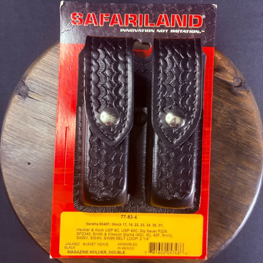 Safariland 77 Double Mag Pouch Leather Basket Weave Chrome Snap Glock 9mm .400