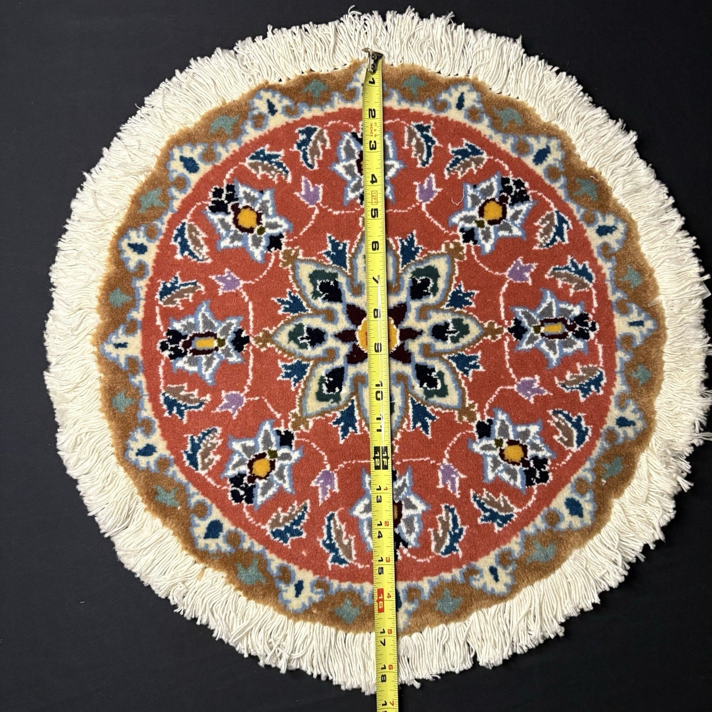 Persian Nain Medallion Round Rug Hand Knotted Size 17”x17” Or 43cm X43cm Orange9