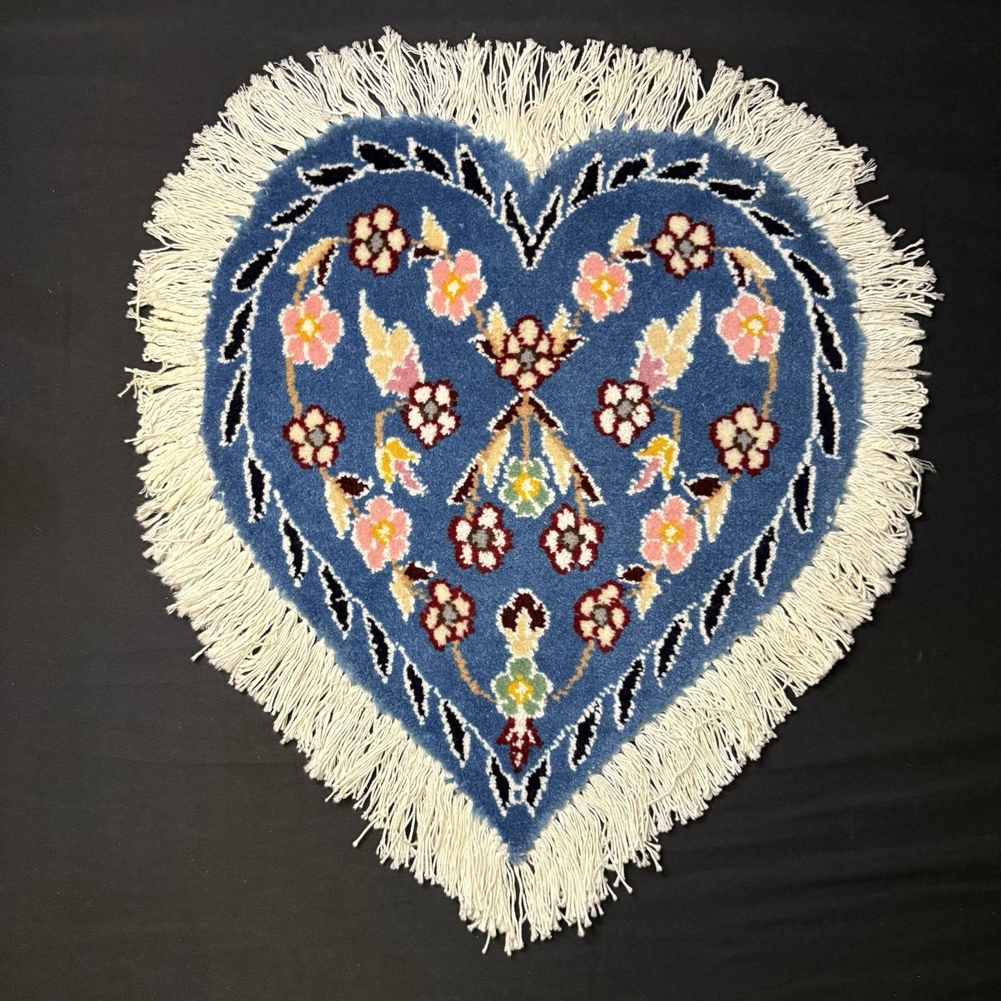 Hand Knotted Rug Heart Shape Purple w/Flowers 14”x13” VERY RARE0