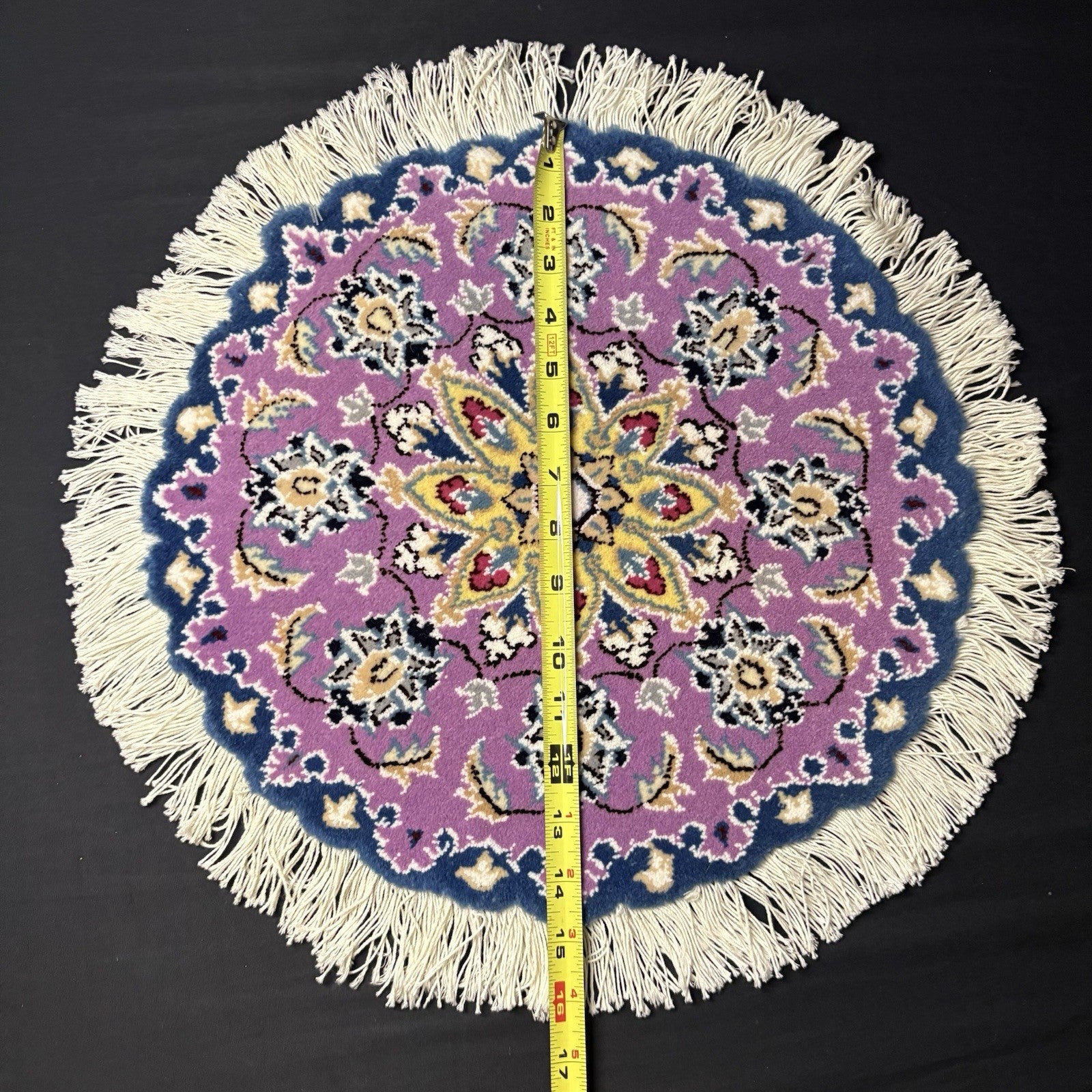 Persian Nain Round Rug Purple Medallion Rug Hand Knotted Size 15”x15” Or 38cm8