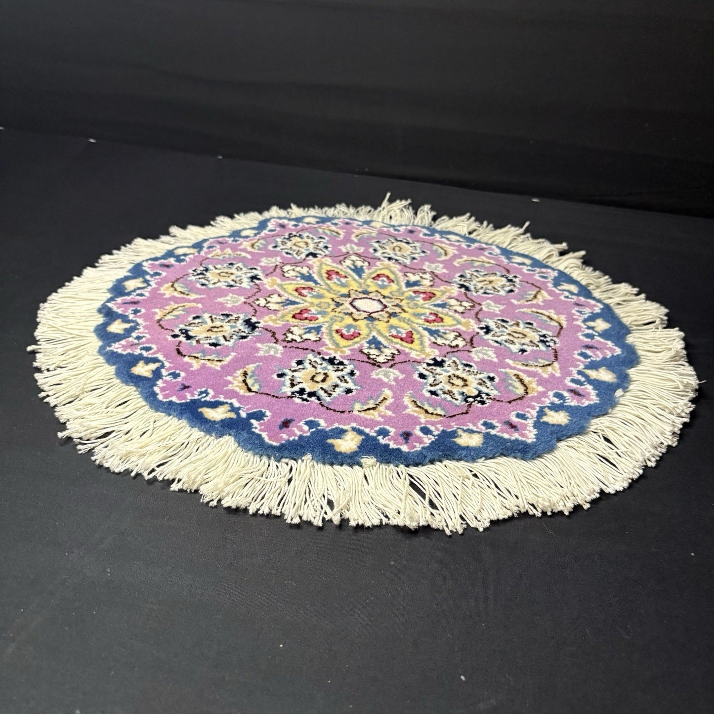 Persian Nain Round Rug Purple Medallion Rug Hand Knotted Size 15”x15” Or 38cm2