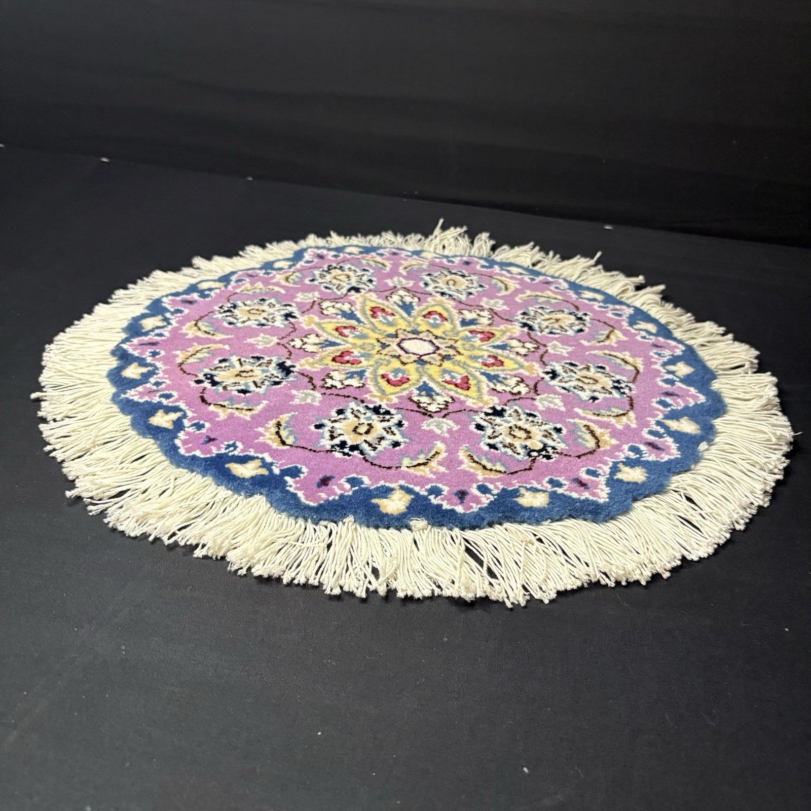 Persian Nain Round Rug Purple Medallion Rug Hand Knotted Size 15”x15” Or 38cm2