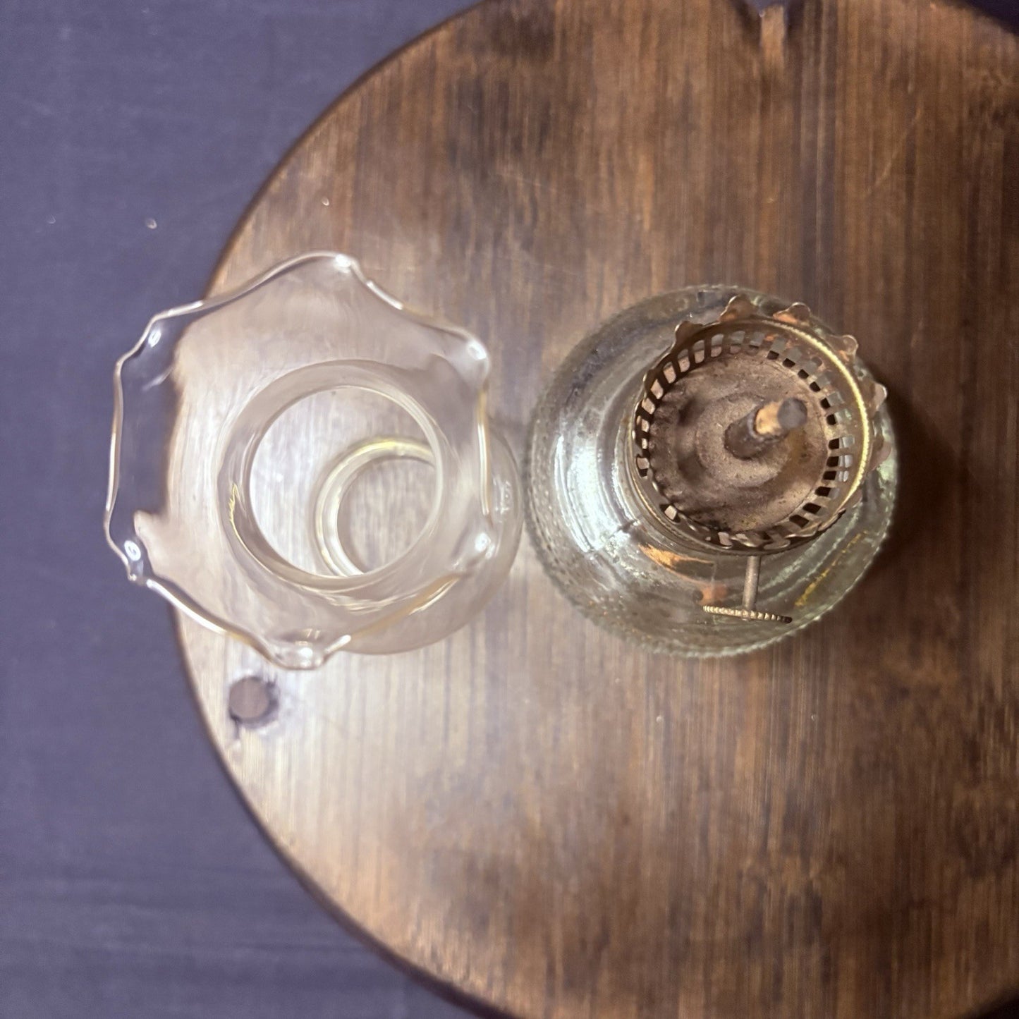 VTG Miniature Hurricane Lamp Clear w/ Hobnail Double Bubble Base Hong Kong Made4