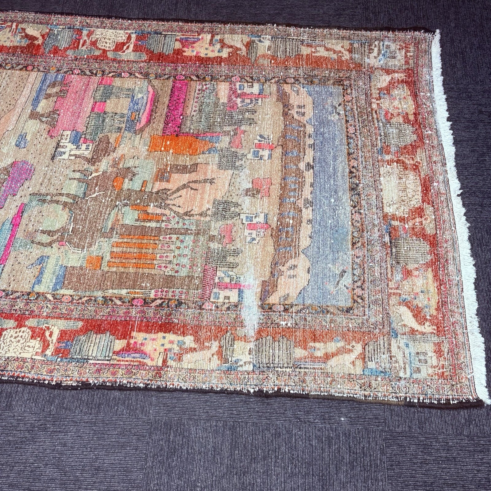 Antique Hand Knotted Pictorial Rug 9'x5' 1940s Kashann Rug22
