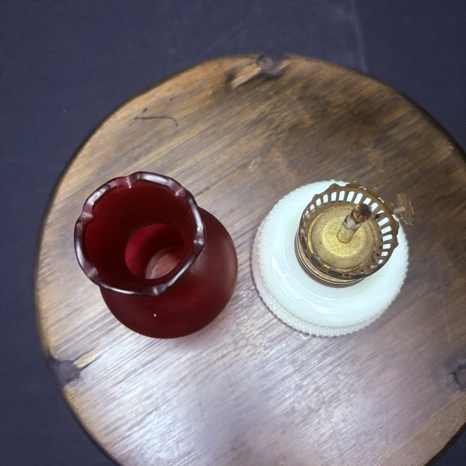 VTG Miniature Hurricane Oil Lamp Hobnail Milk Glass Base Ruby Globe, Hong Kong6