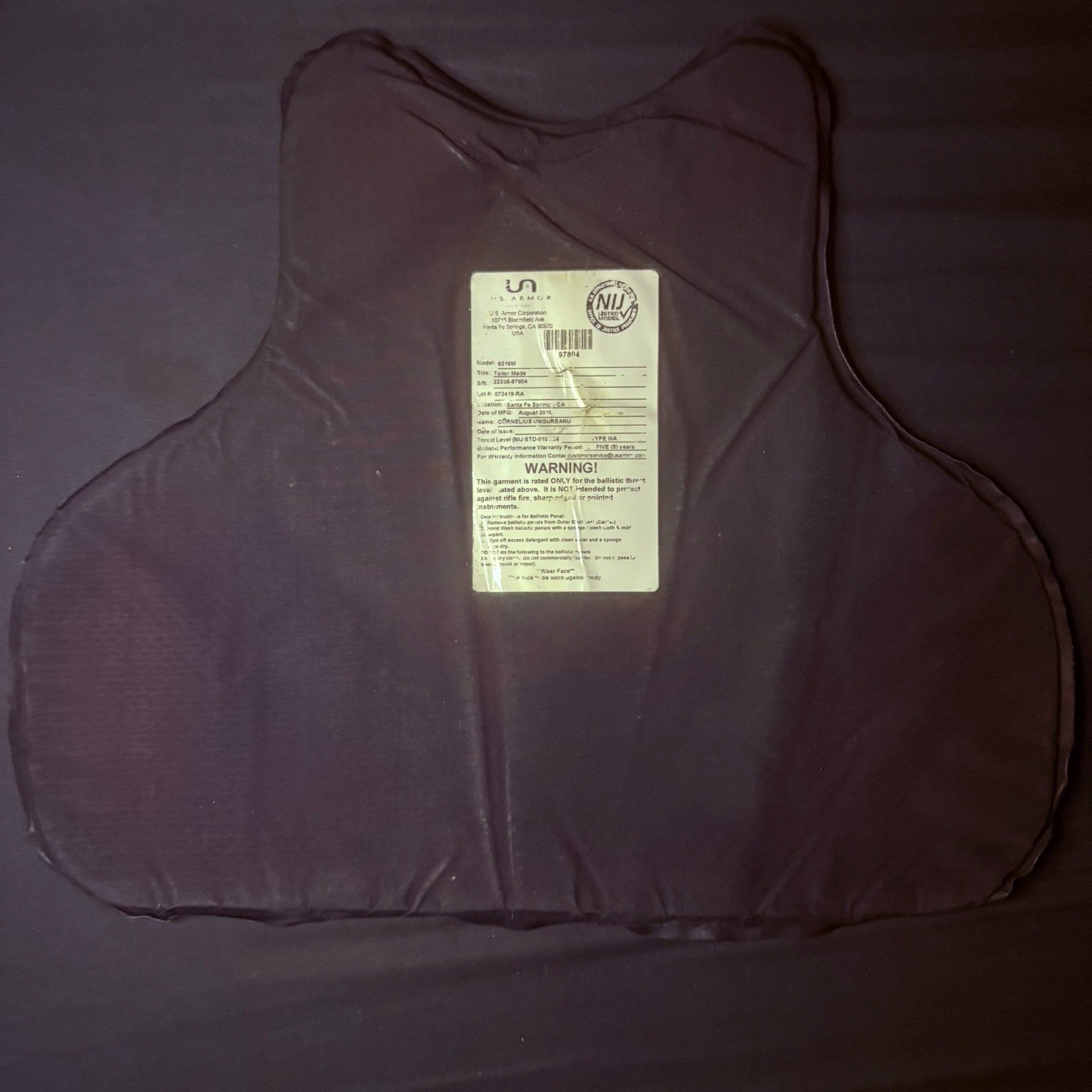US Armor IIIA (3A) Bullet Proof Concealable Vest -Size Large- 20199