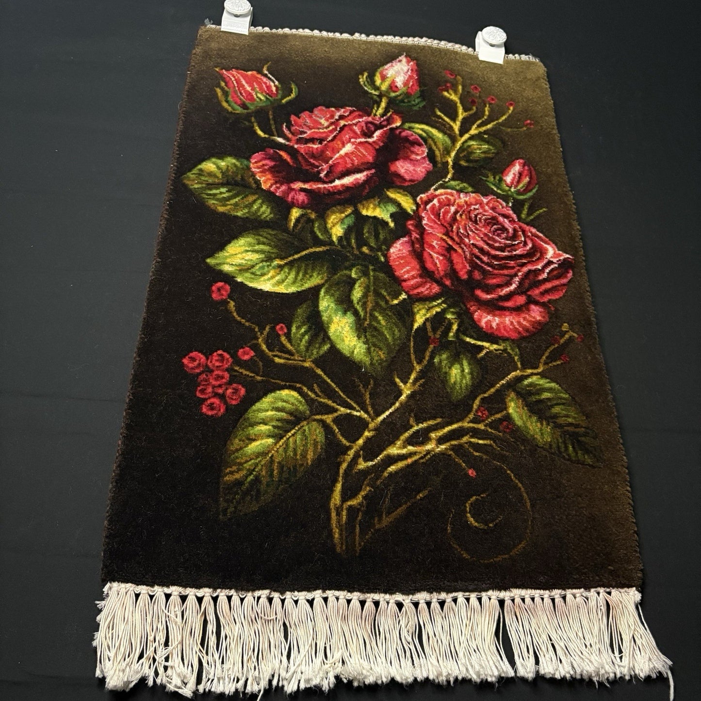 Persian Pictorial Rug Hand Knotted Silk 3D Roses 24”x16” 240KPSI w/Rug Hangers3