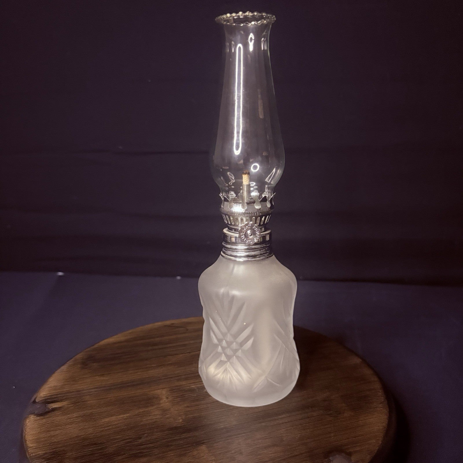VTG Miniature Hurricane Oil Lamp LampLight Farms Frosted Glass Austria Made 9.5”9