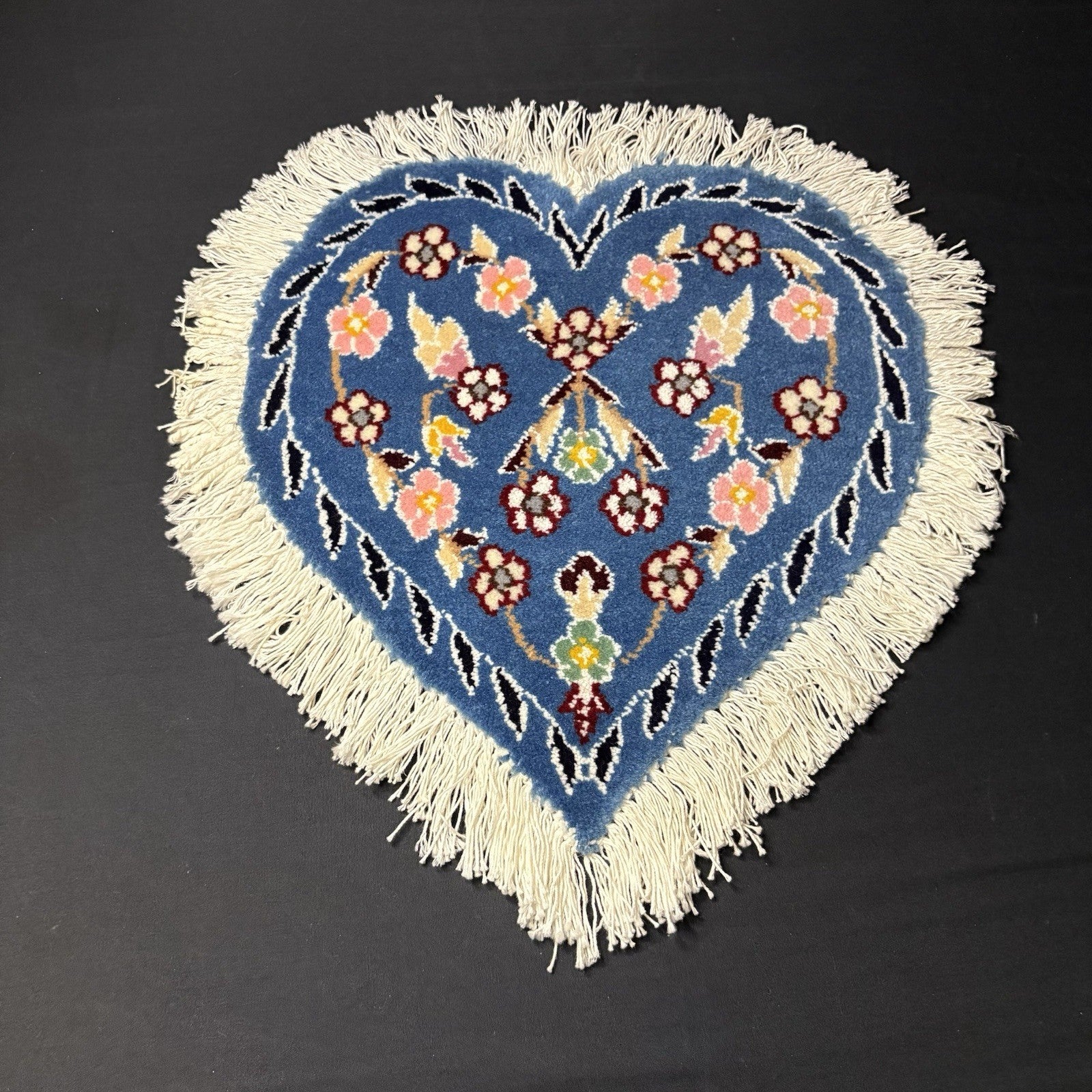 Hand Knotted Rug Heart Shape Purple w/Flowers 14”x13” VERY RARE6