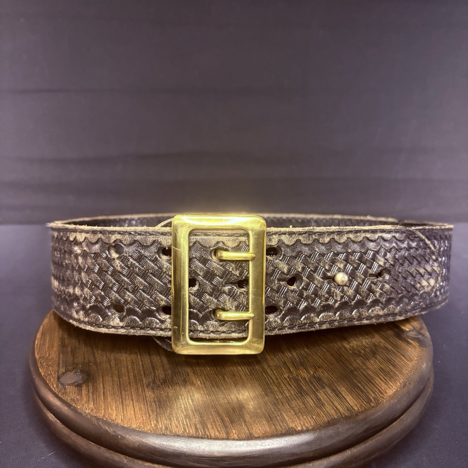 JS Leather Sam Browne Duty Belt Size 32" Black Basket Weave Brass Buckle0
