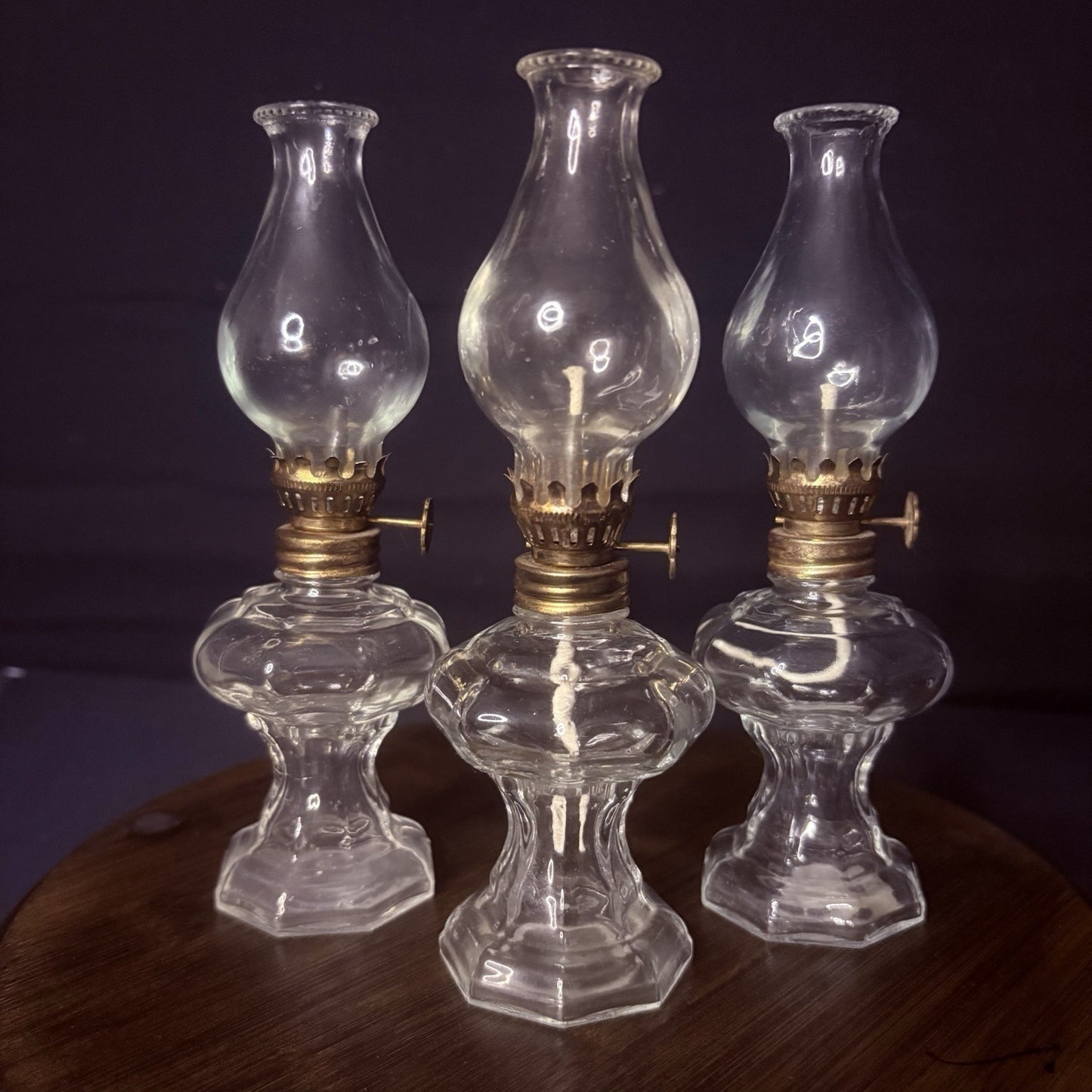 VTG 3 Miniature Hurricane Oil Lamp Set Of 3, Thick Glass Octagon Base - 6.5"0
