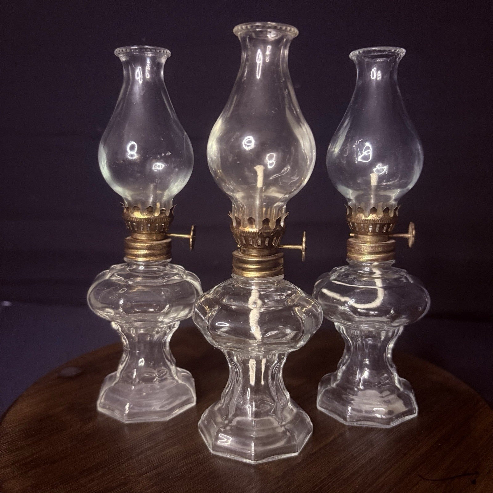 VTG 3 Miniature Hurricane Oil Lamp Set Of 3, Thick Glass Octagon Base - 6.5"0
