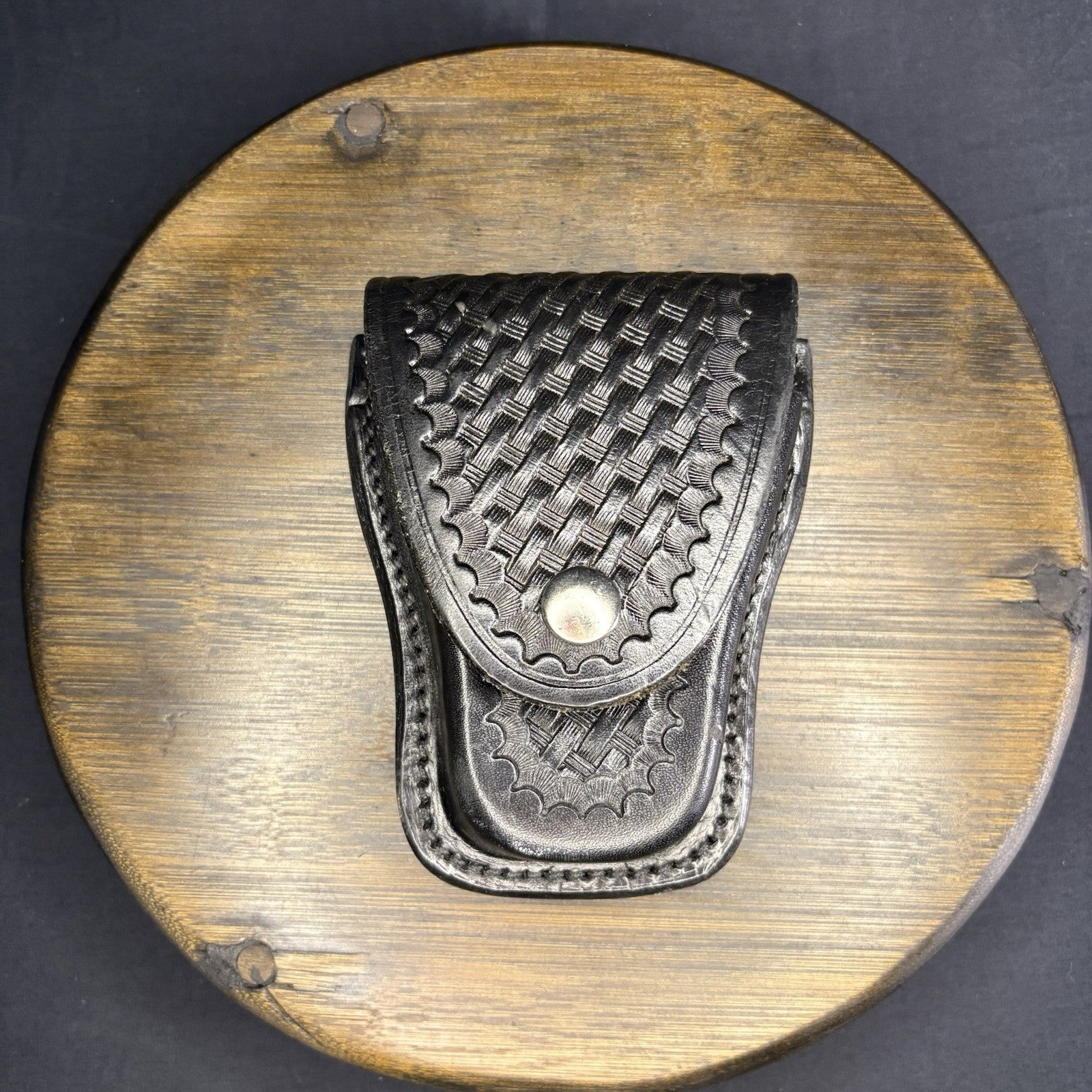 Aker Chain Handcuff Case 501 Basket Weave Leather Chrome Snap USA Made0