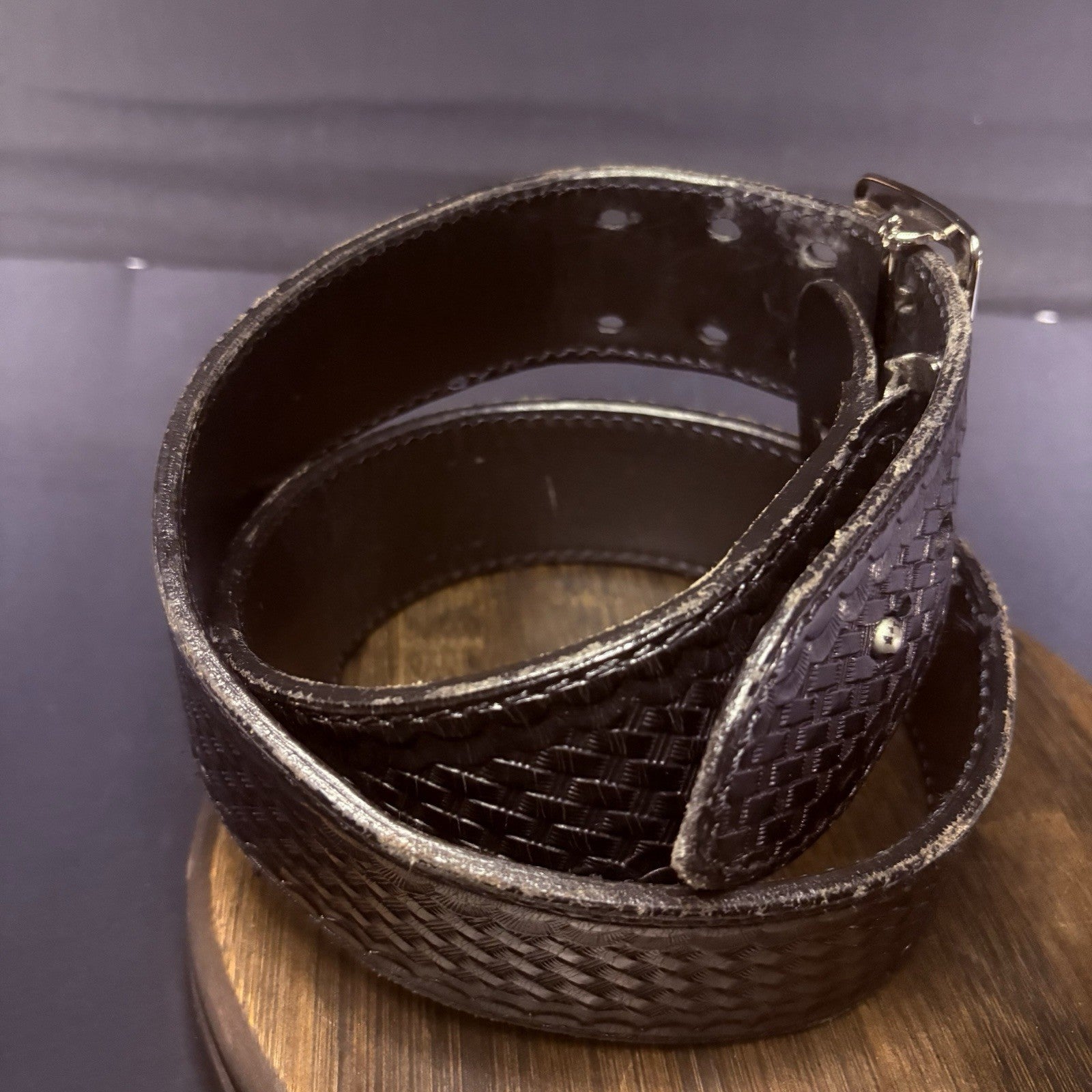 JS Leather Duty Belt Size 36" Black Basket Weave Chrome Brass Buckle Sam Browne8