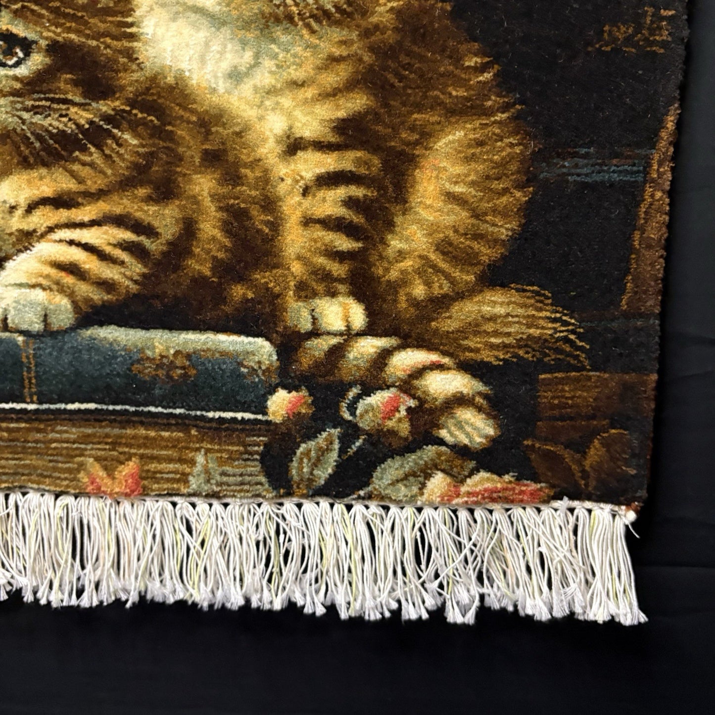 Persian Pictorial Rug Kittens Hand Knotted w/Silk Inlays 24”x16” w/Rug Hangers12