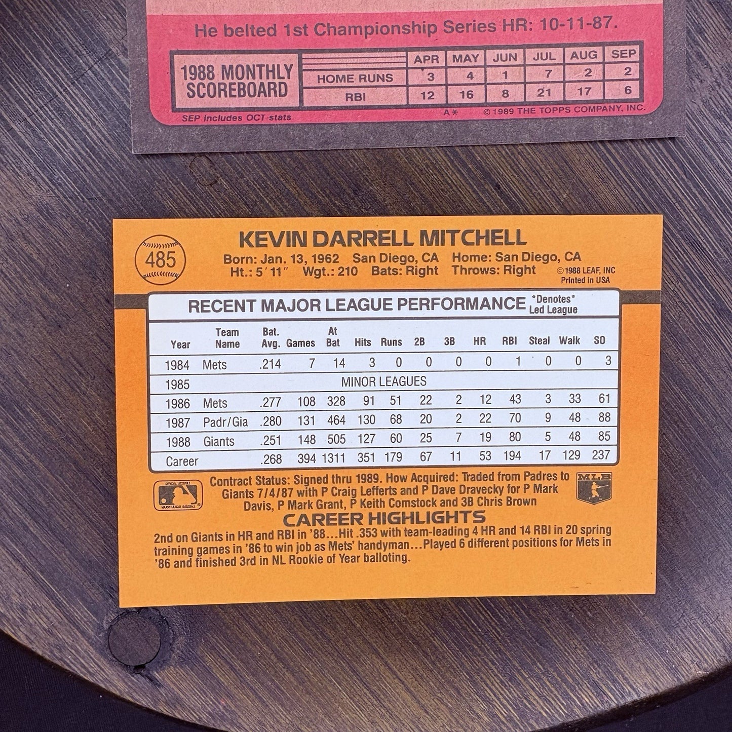 1989 Donruss Kevin Mitchell #485 ERROR Card (No Dot INC) & (2) Topps #18910