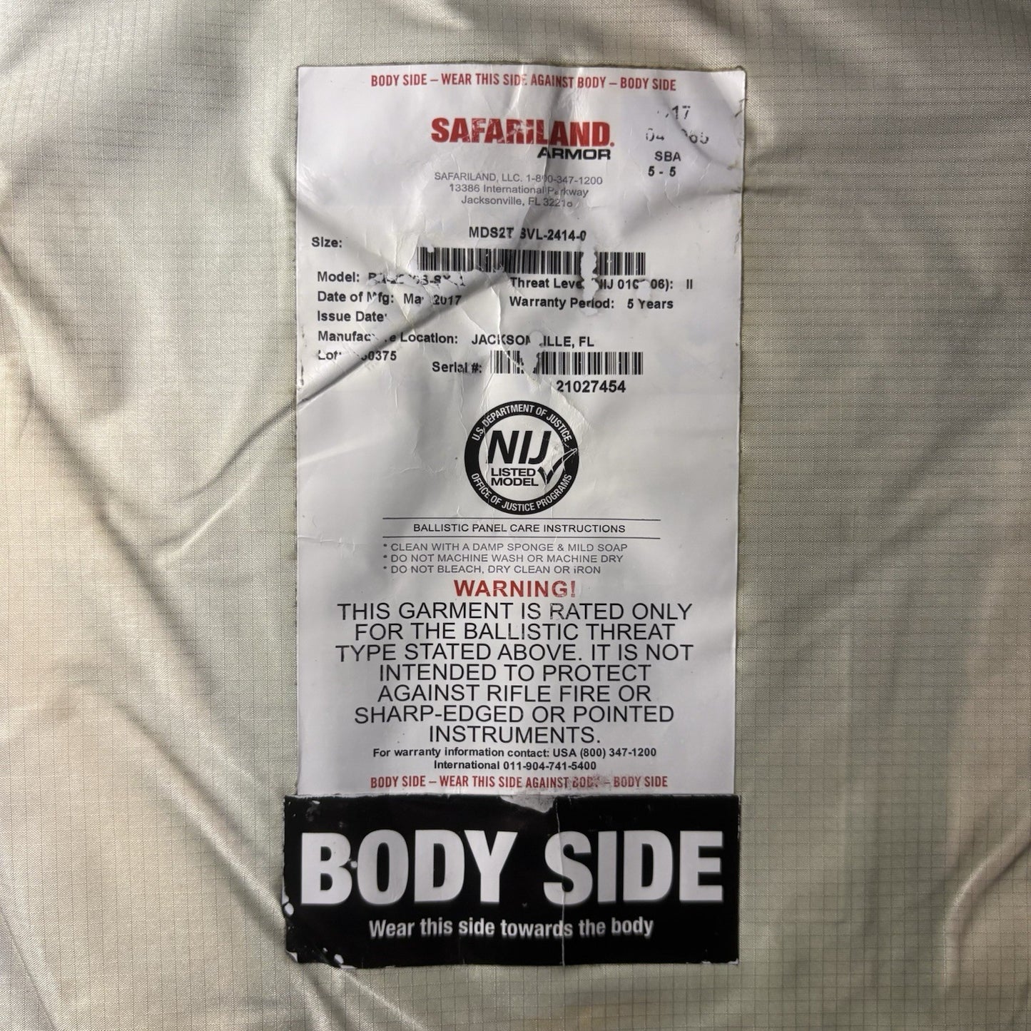 Safariland SX Level 2 (II) Armor Size XXLarge (XXL) Thinnest Bullet Proof Plate3