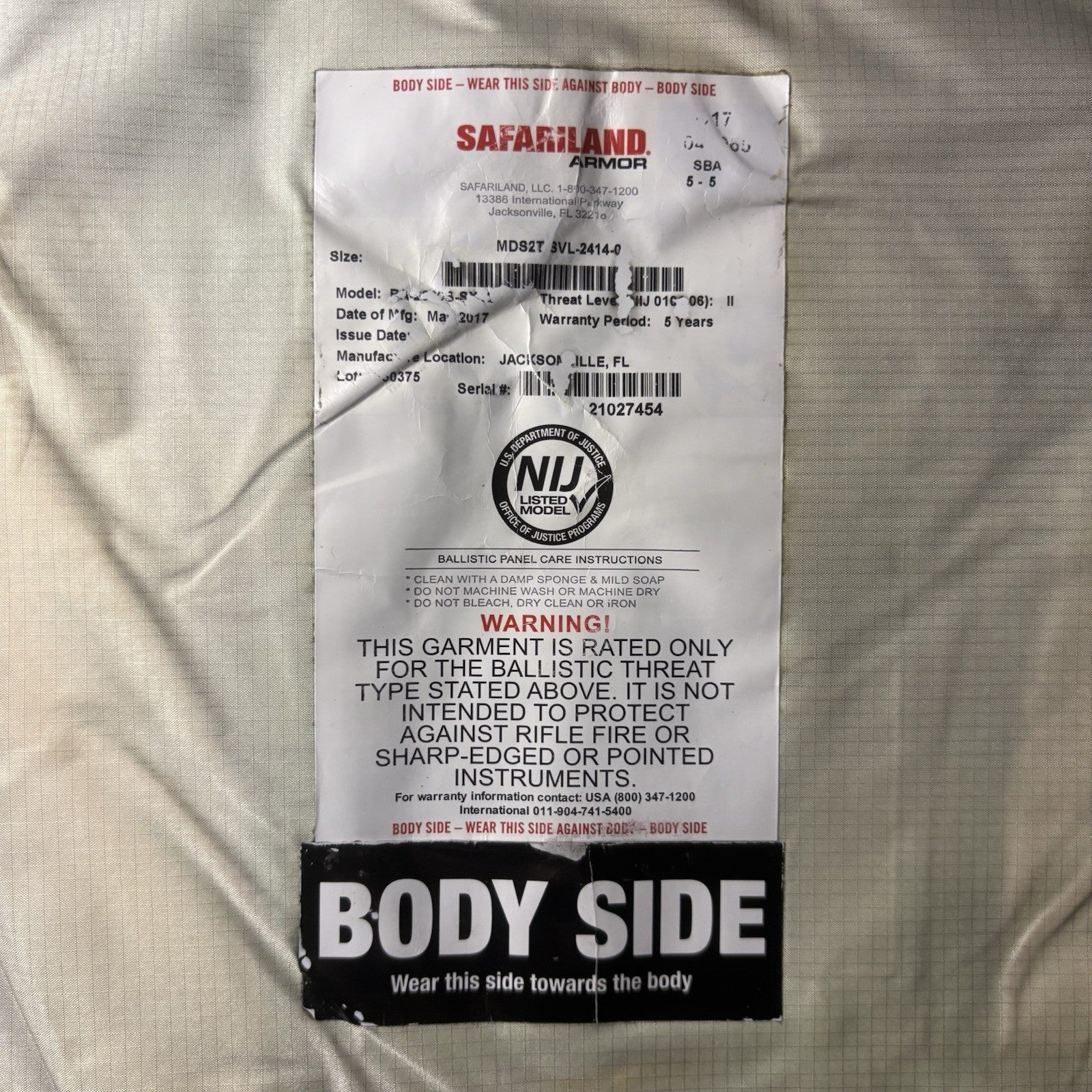 Safariland SX Level 2 (II) Armor Size XXLarge (XXL) Thinnest Bullet Proof Plate3