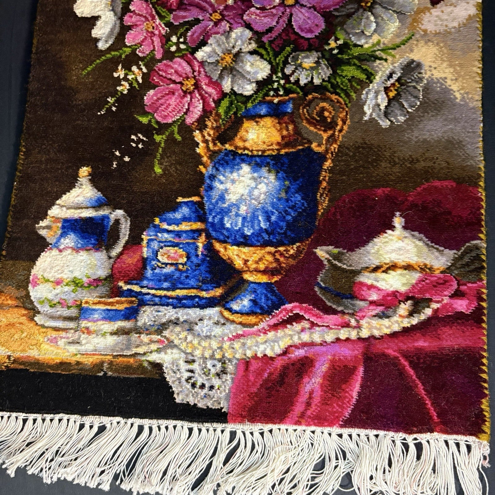 Pictorial Rug Flower Hand Knotted Tab’riz 23”x16” Cotton w/Silk 240KPSI13