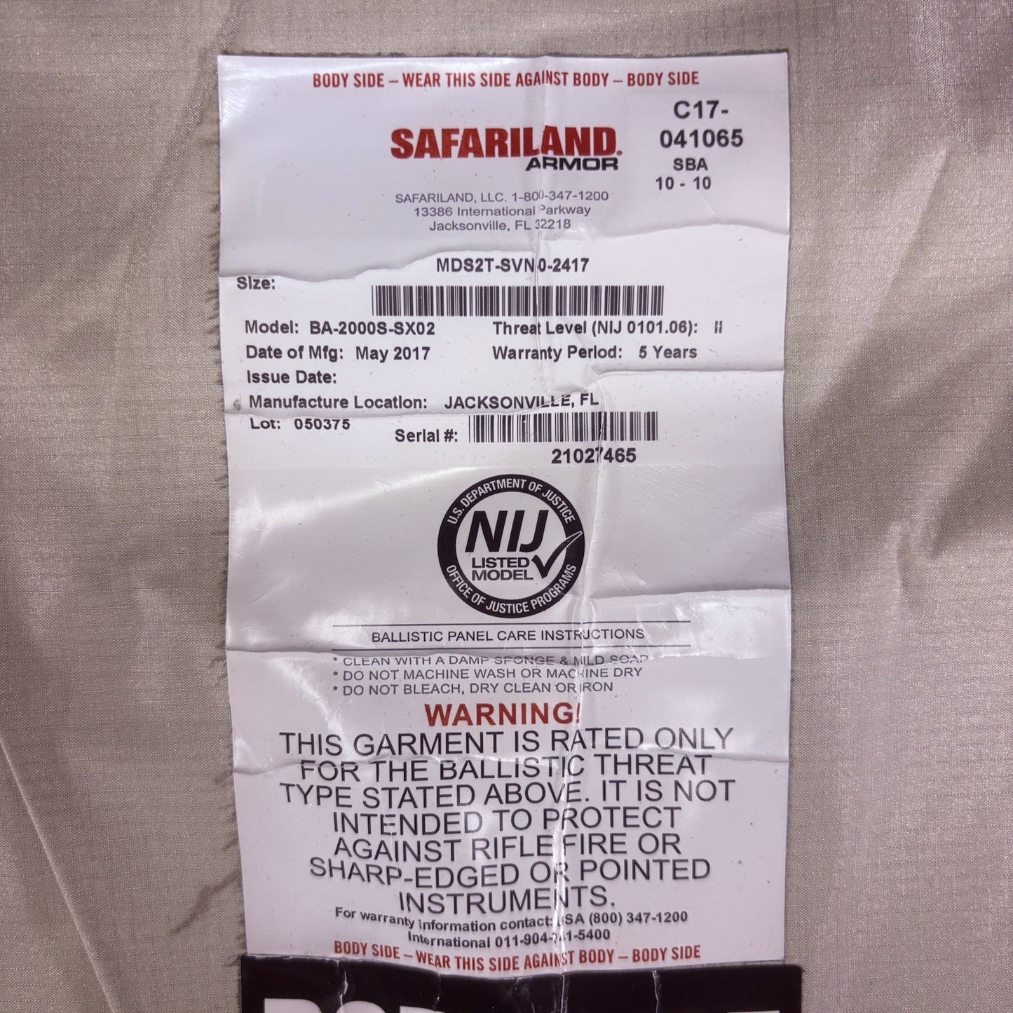Safariland SX Armor Vest Level 2 II Size XXL Long Thinnest Lightest Bullet Proof13