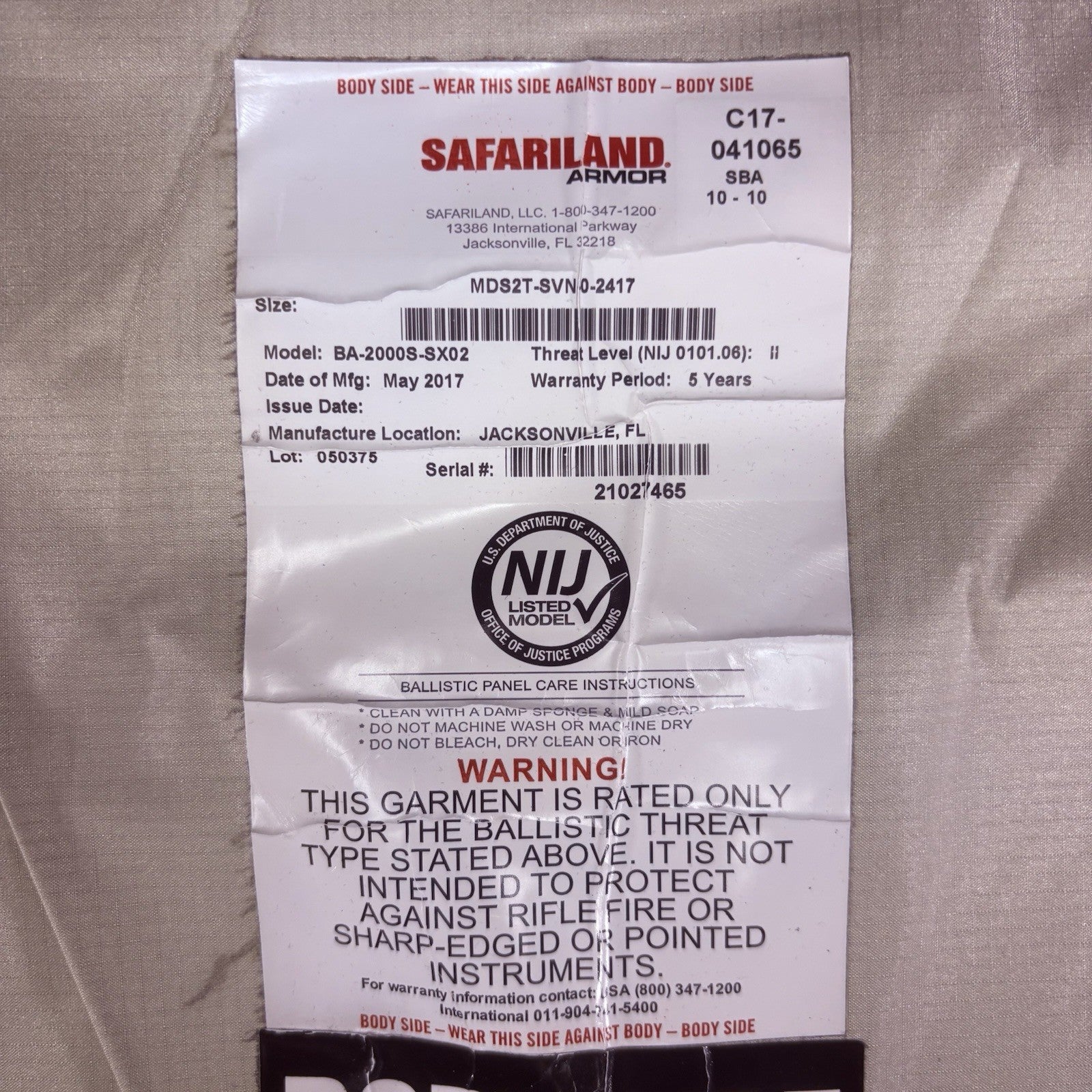 Safariland SX Armor Vest Level 2 II Size XXL Long Thinnest Lightest Bullet Proof13