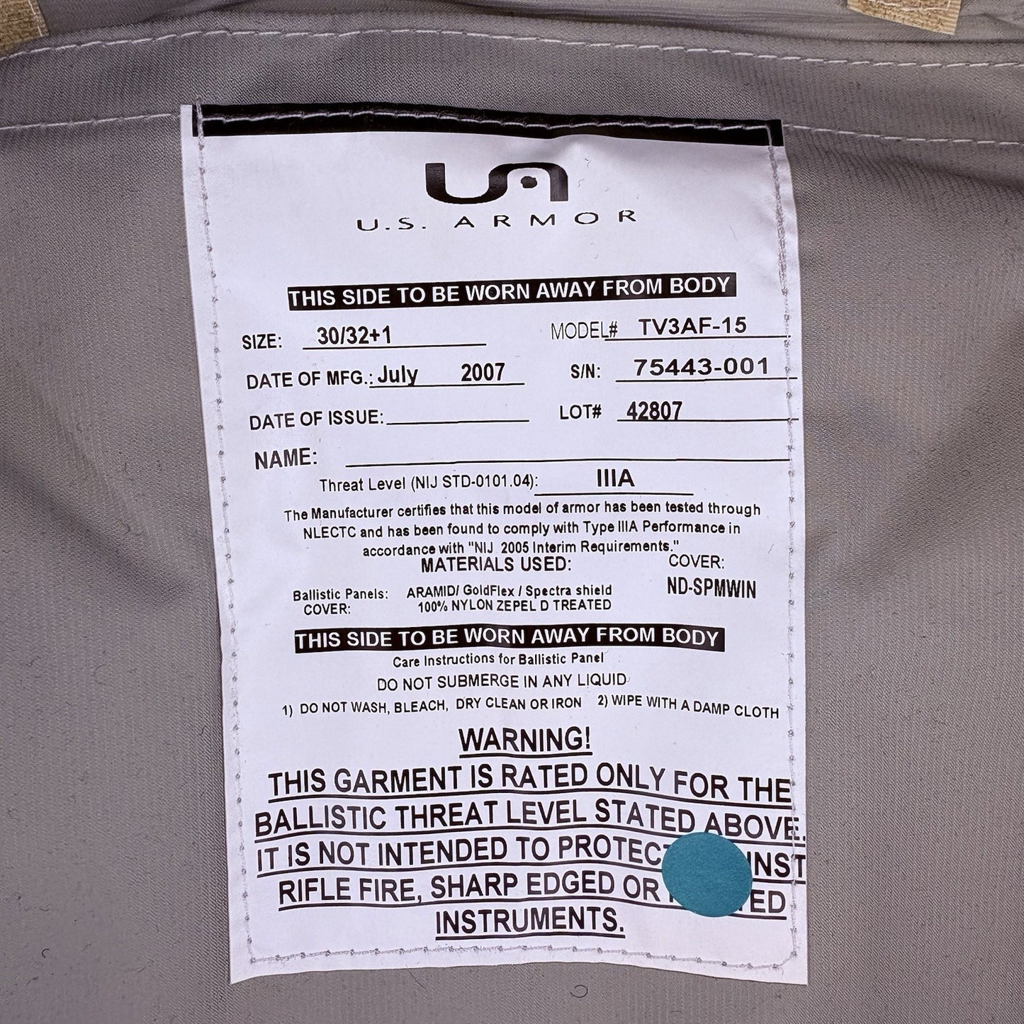 US Armor IIIA (3A) Bullet Proof Vest (Size Female SMALL) With Trauma Plate9