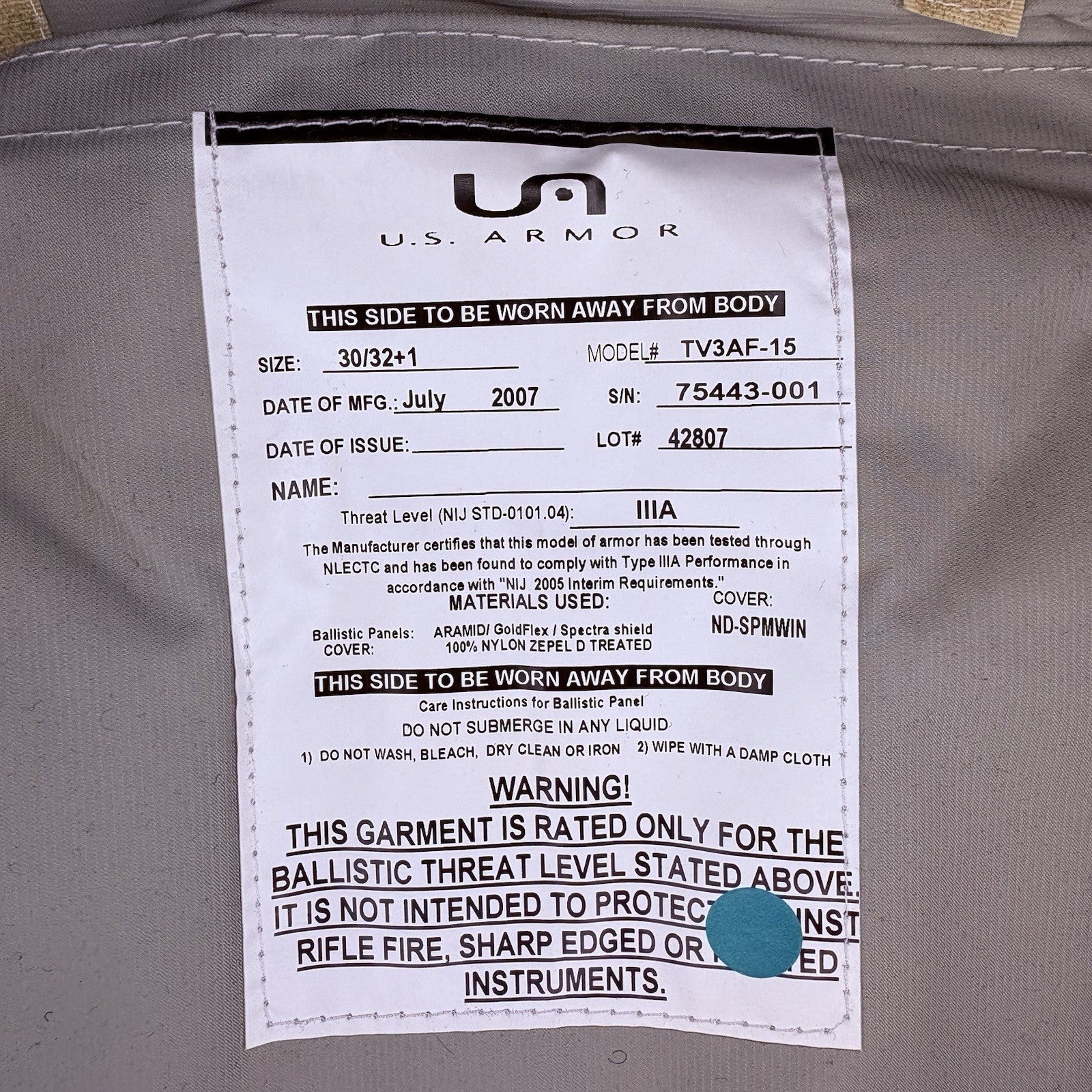 US Armor IIIA (3A) Bullet Proof Vest (Size Female SMALL) With Trauma Plate9