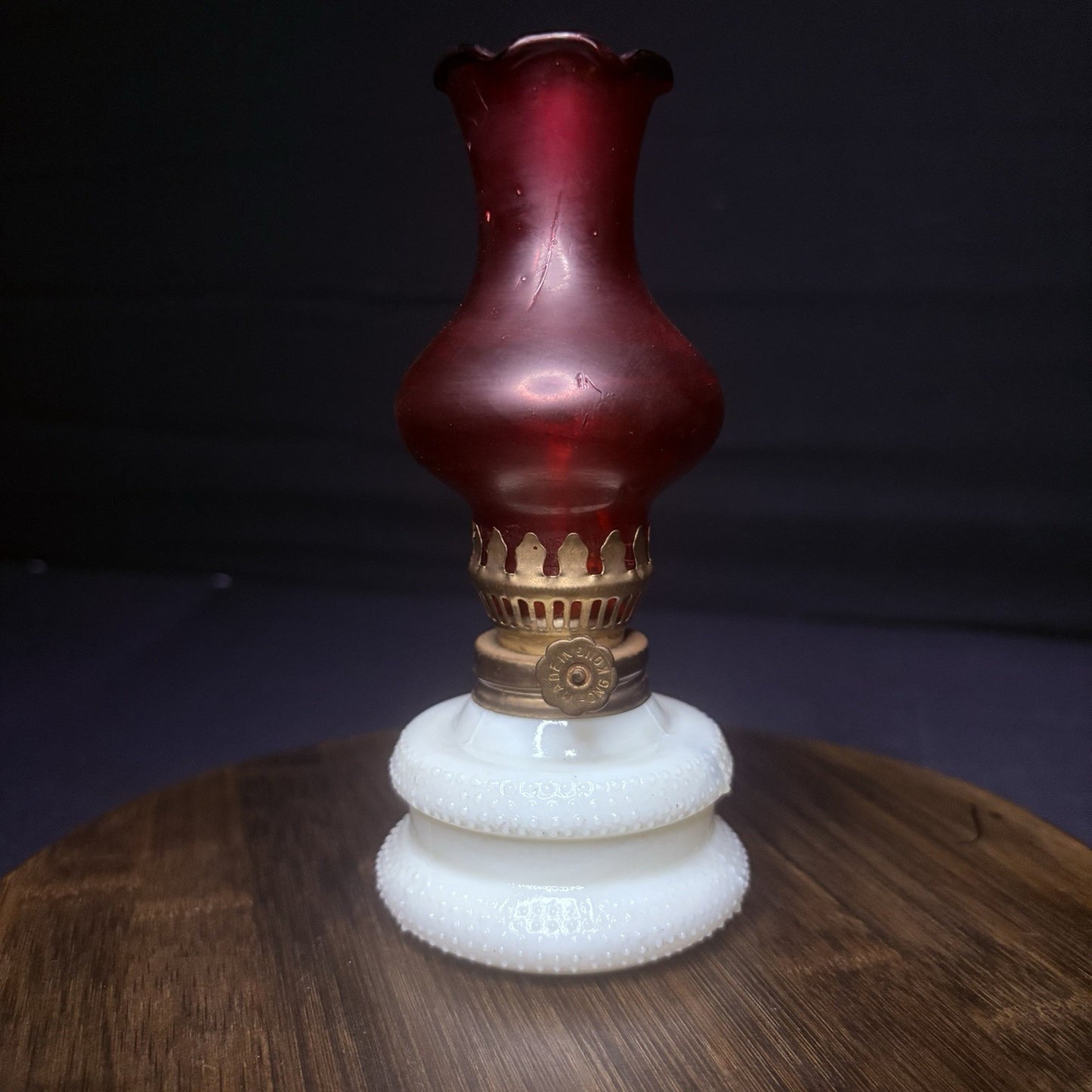 VTG Miniature Hurricane Oil Lamp Hobnail Milk Glass Base Ruby Globe, Hong Kong3