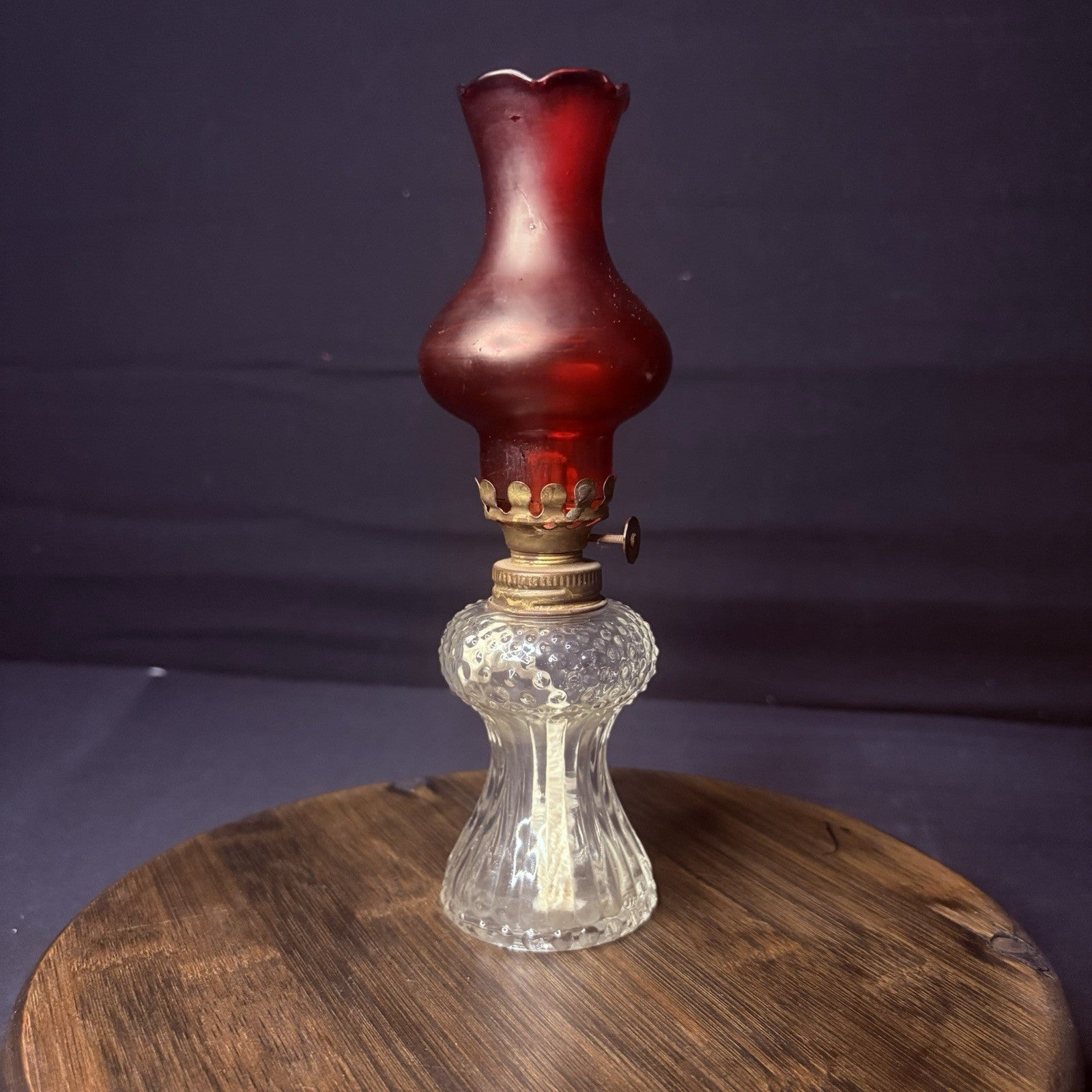 VTG Miniature Hurricane Oil Lamp Clear Hobnail Bubble Base, Ruby Red Bell Globe8