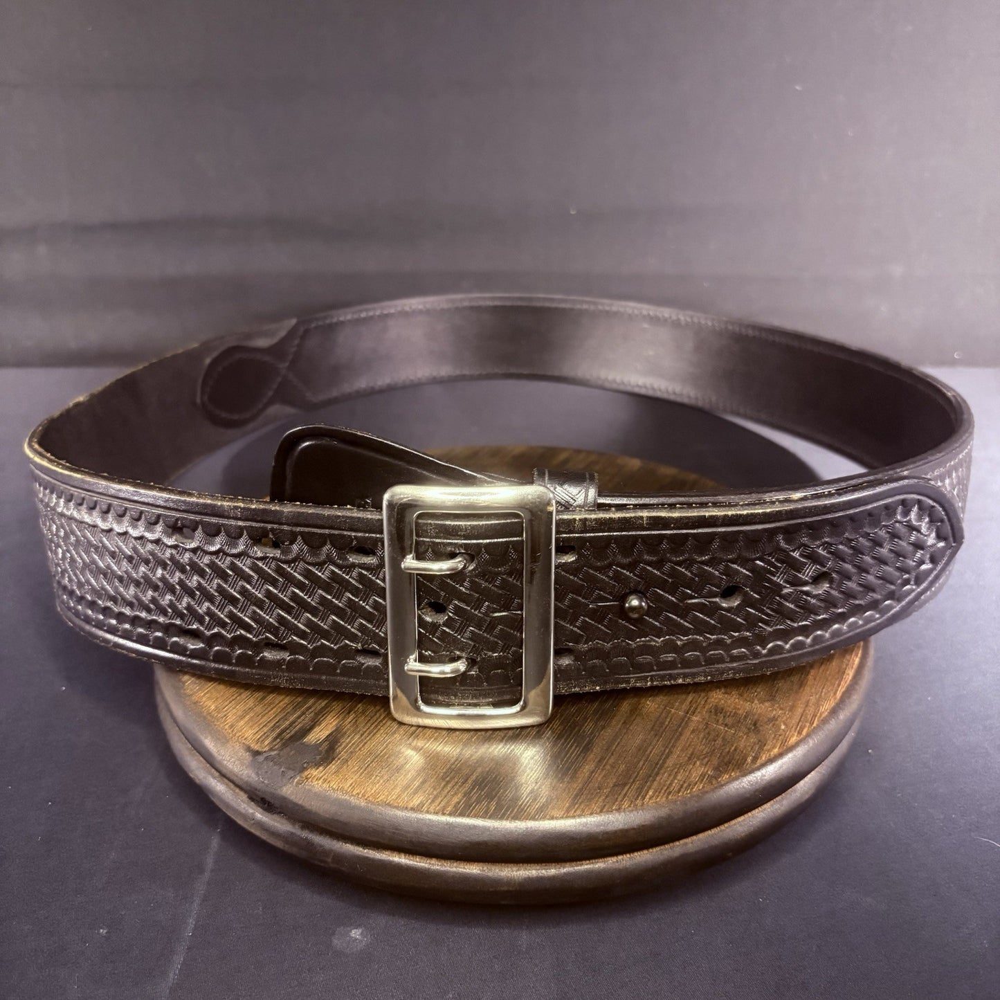 Aker Black Leather Duty Belt B03-46  Size 46 Basketweave w/ Chrome Brass Buckle1