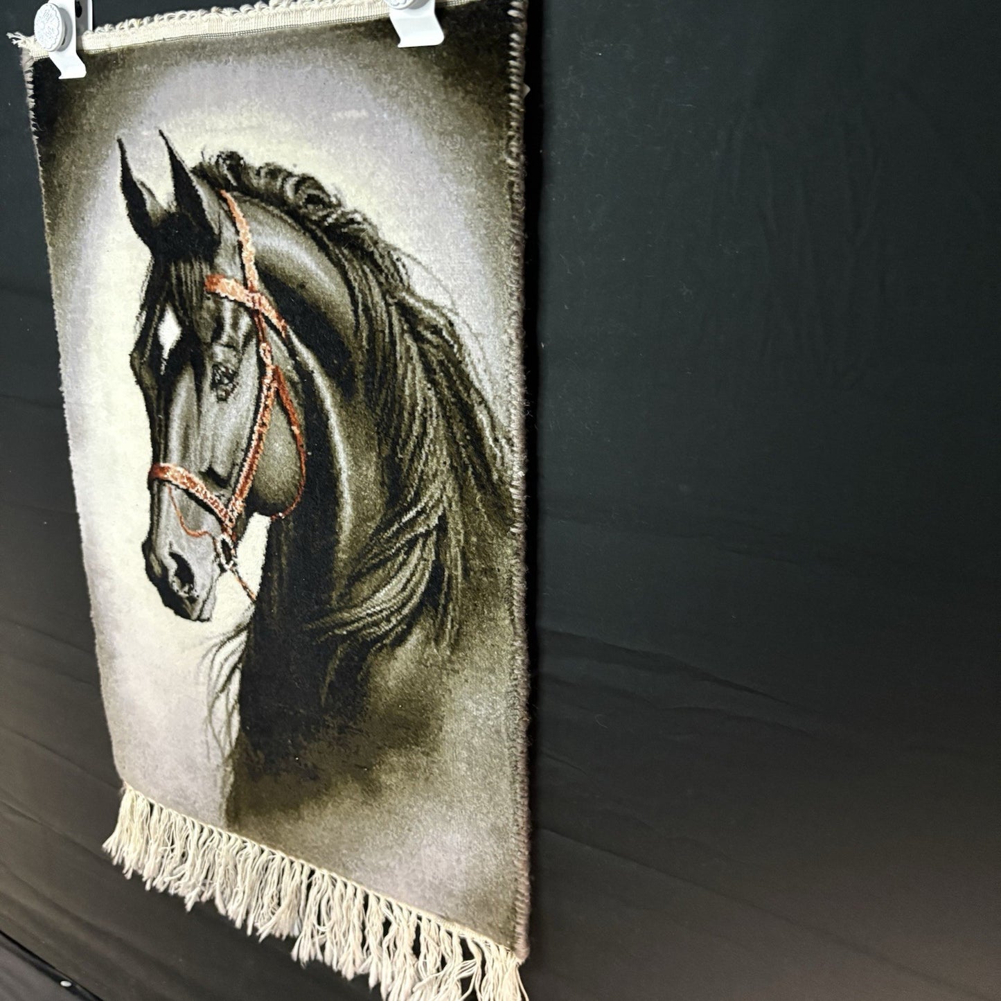 Pictorial Rug Hand Knotted Horse 22”x16” 55X40cm w/Rug Hangers5