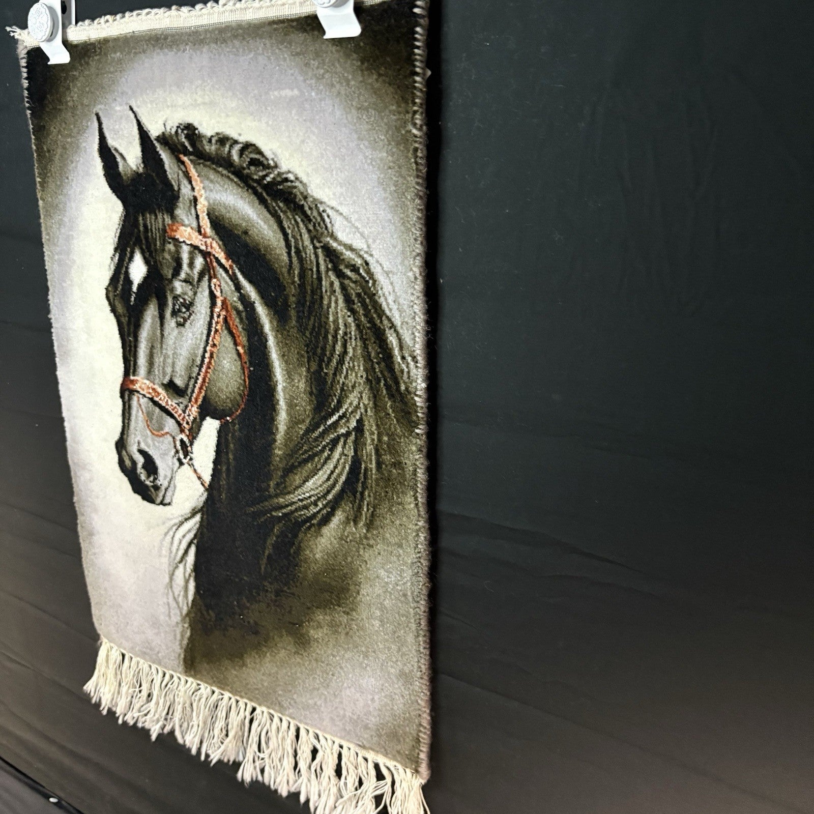 Pictorial Rug Hand Knotted Horse 22”x16” 55X40cm w/Rug Hangers5