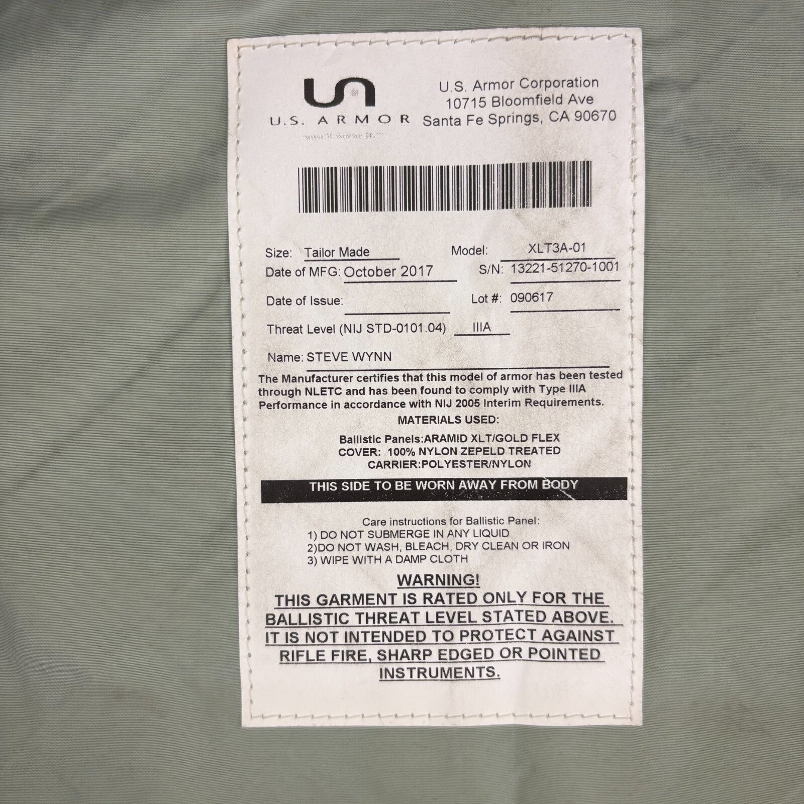 US Armor IIIA (3A) Bullet Proof Vest ~Size Medium~ 2017 w/Free 6x8 Trauma Plate5