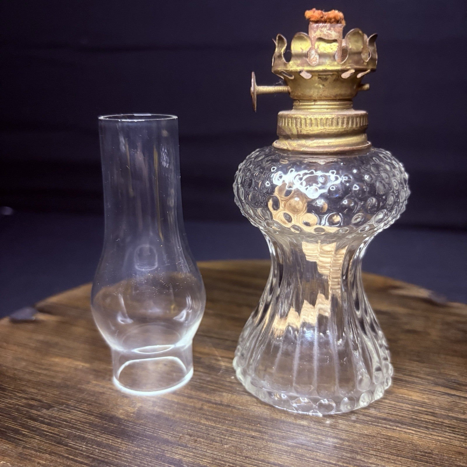 VTG Miniature Hurricane Oil Lamp Clear w/ Hobnail Bubble Base 7.5"3