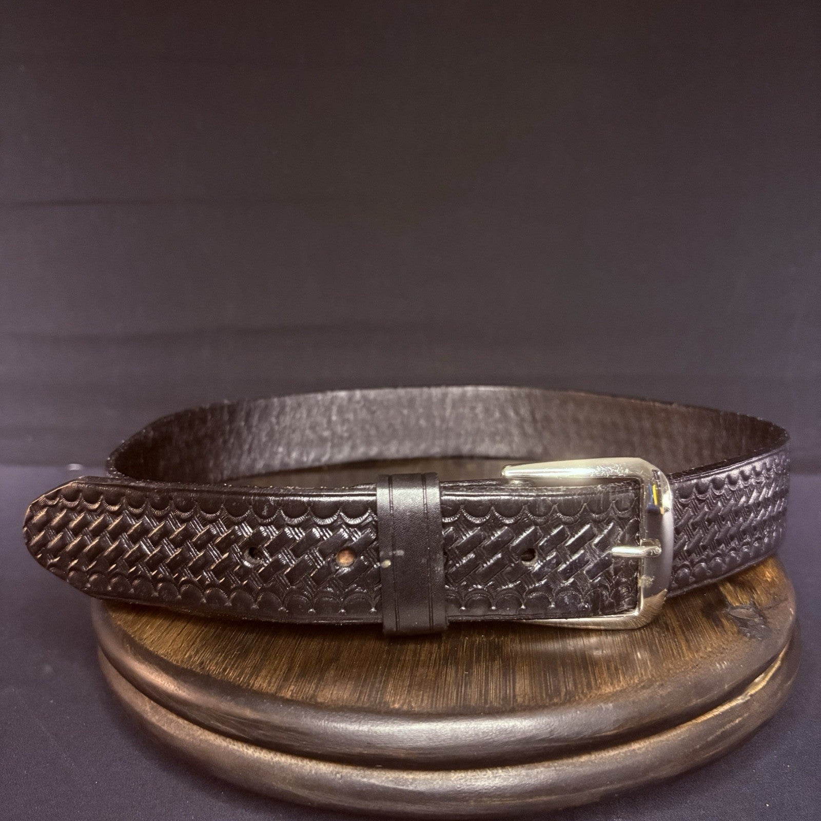 JS Leather Off Duty Belt Size 30" Black Basket Weave Chrome Buckle0