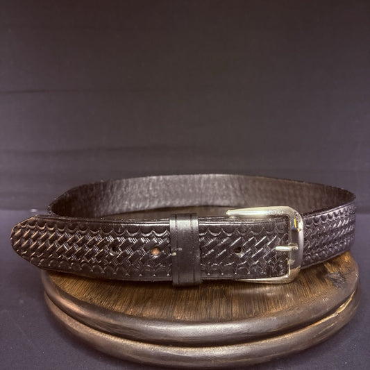 JS Leather Off Duty Belt Size 30" Black Basket Weave Chrome Buckle0