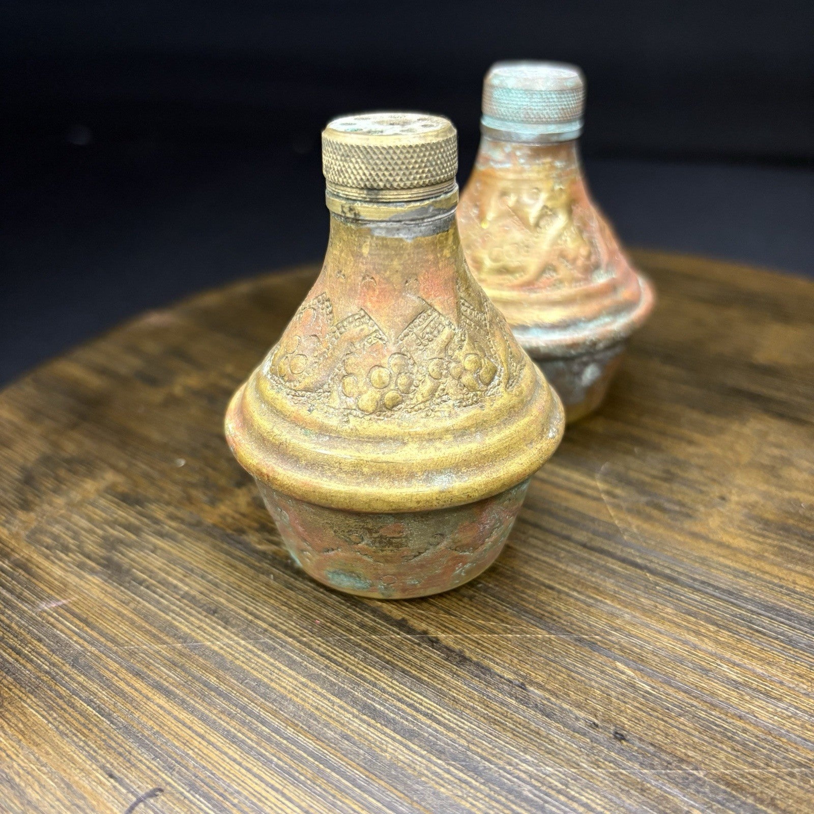 Antique Copper Salt & Pepper Shaker Hand Etched Copper Early 1900s3