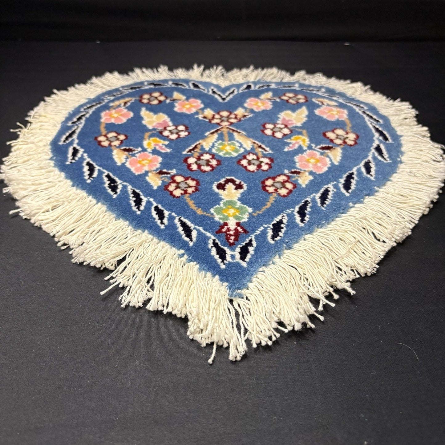 Hand Knotted Rug Heart Shape Purple w/Flowers 14”x13” VERY RARE14