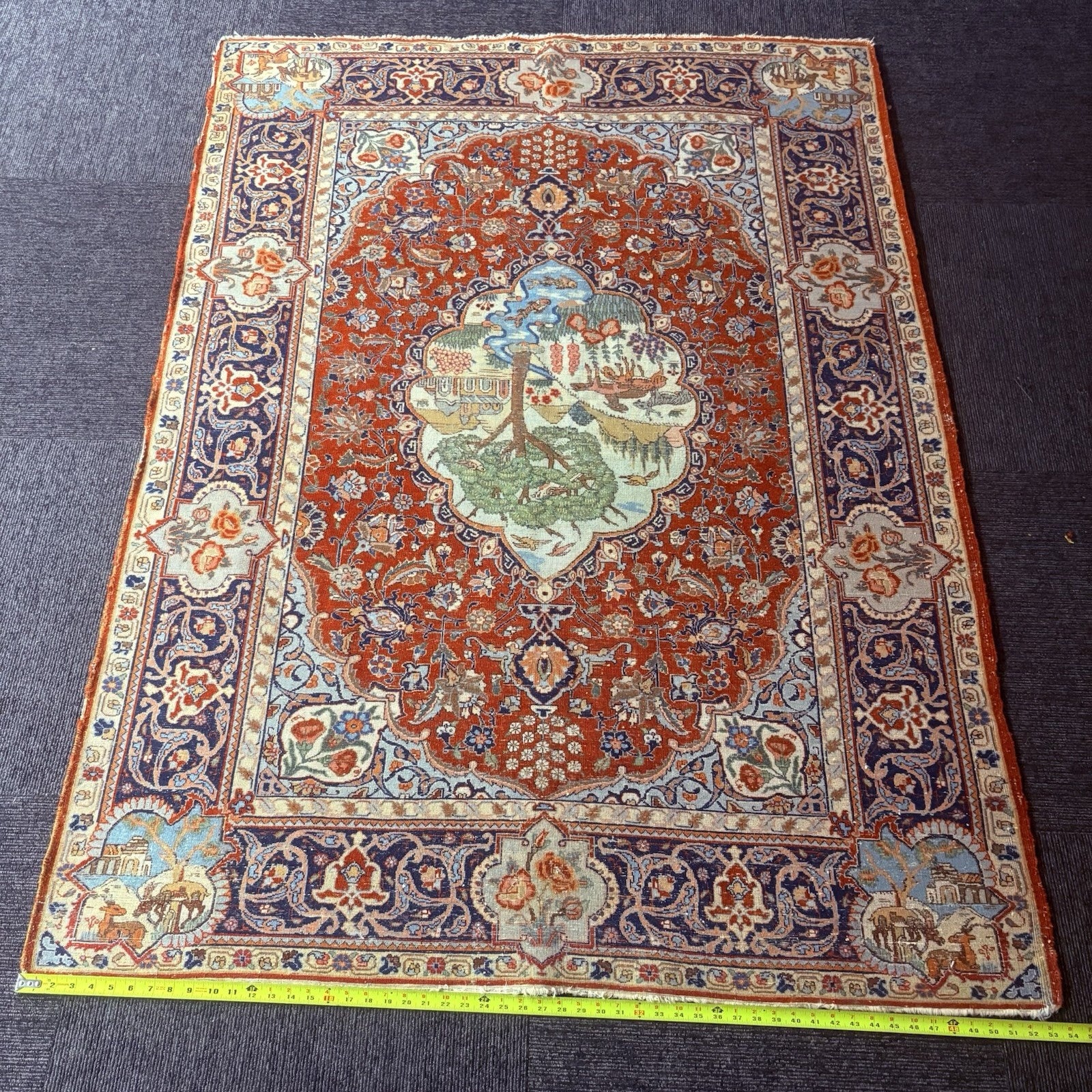 Antique Persian Hand Knotted Pictorial Rug 4'x6' 289 KPSI 1940s Tabrizz Rug14