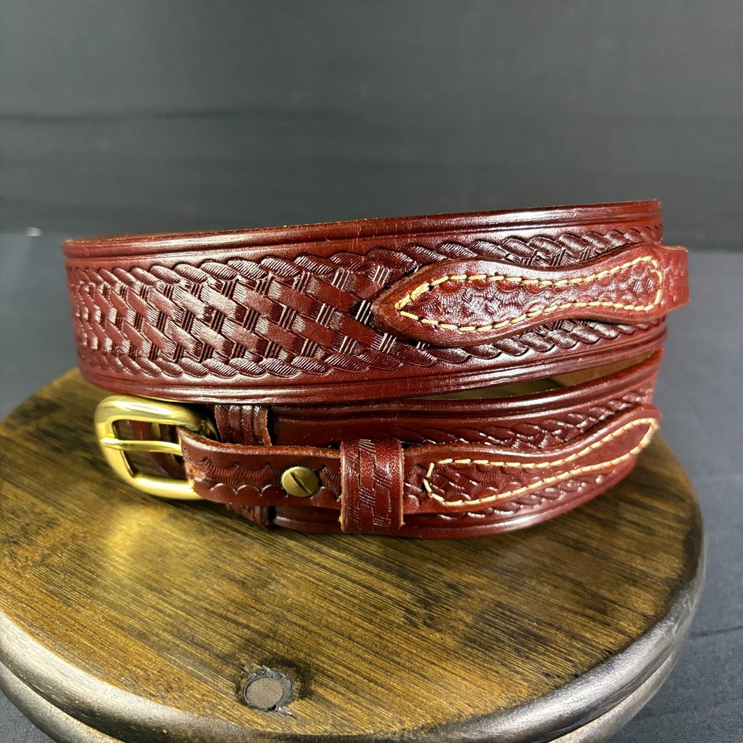 Triple K Leather Ranger Belt Size 53A-30 Gold Buckle3