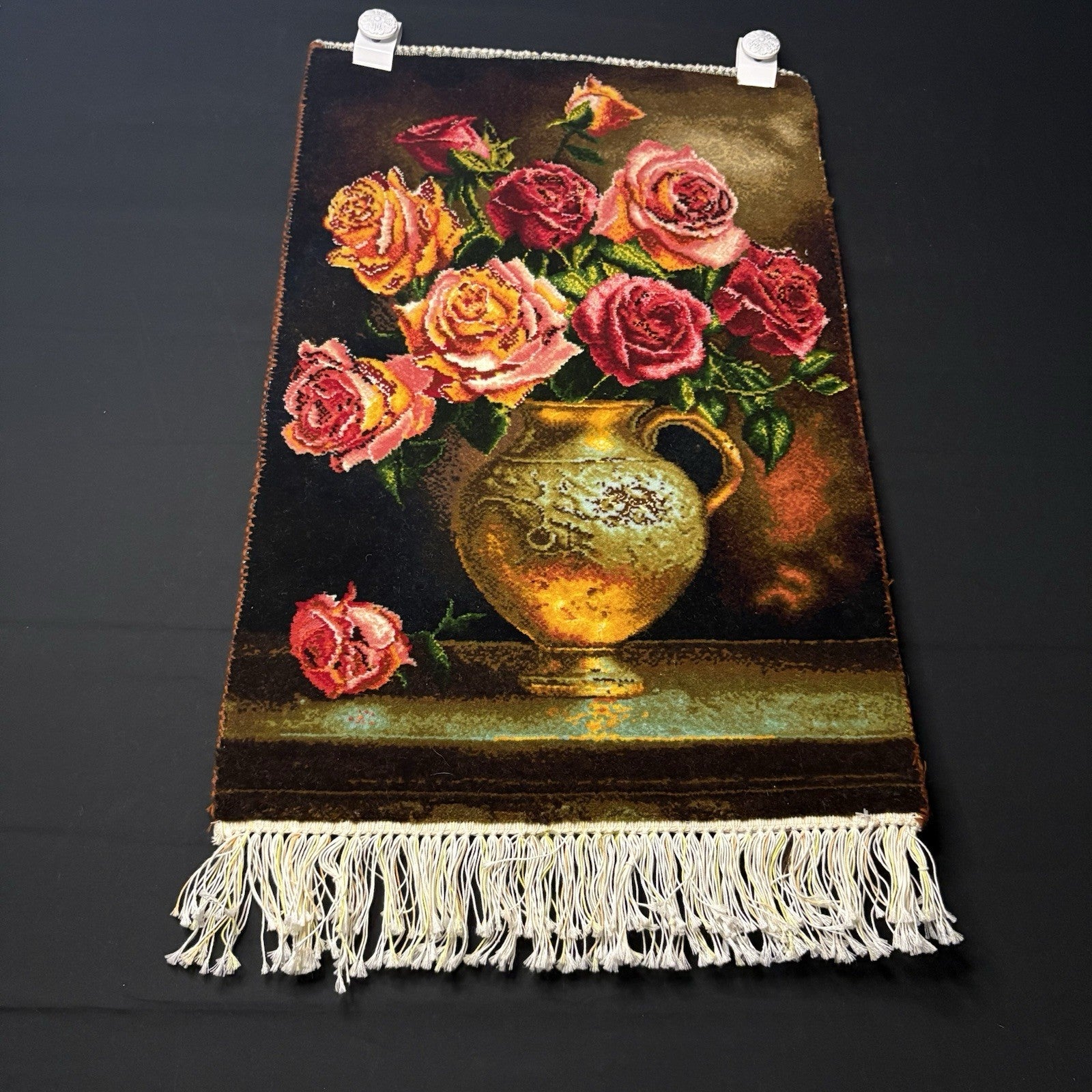 Persian Pictorial Rug Hand Knotted Flower 23”x15” 58X38cm w/Rug Hangers1