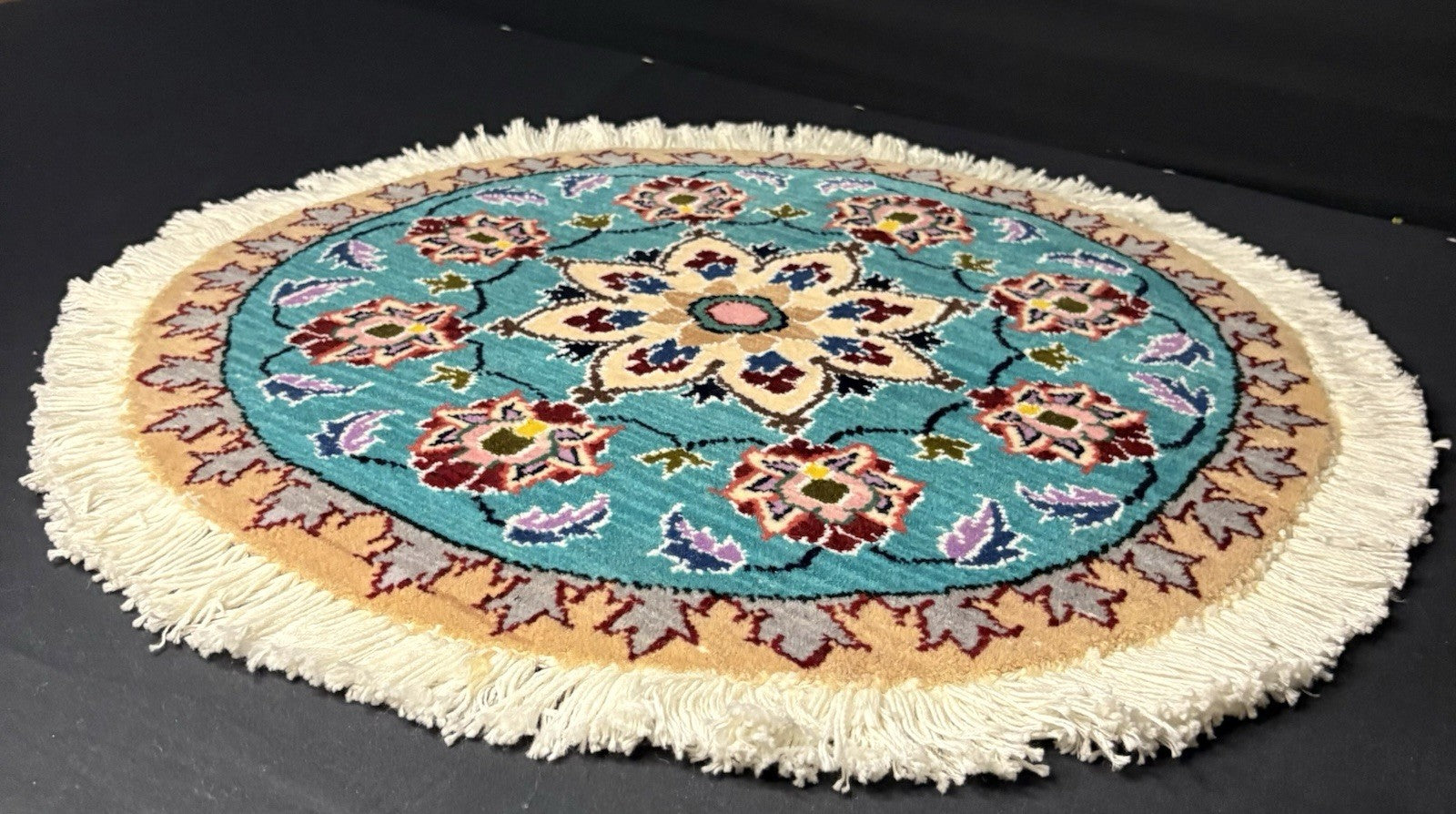 Persian Nain Round Medallion Rug Hand Knotted Size 20”x20” Or 50cm Blue Rug9