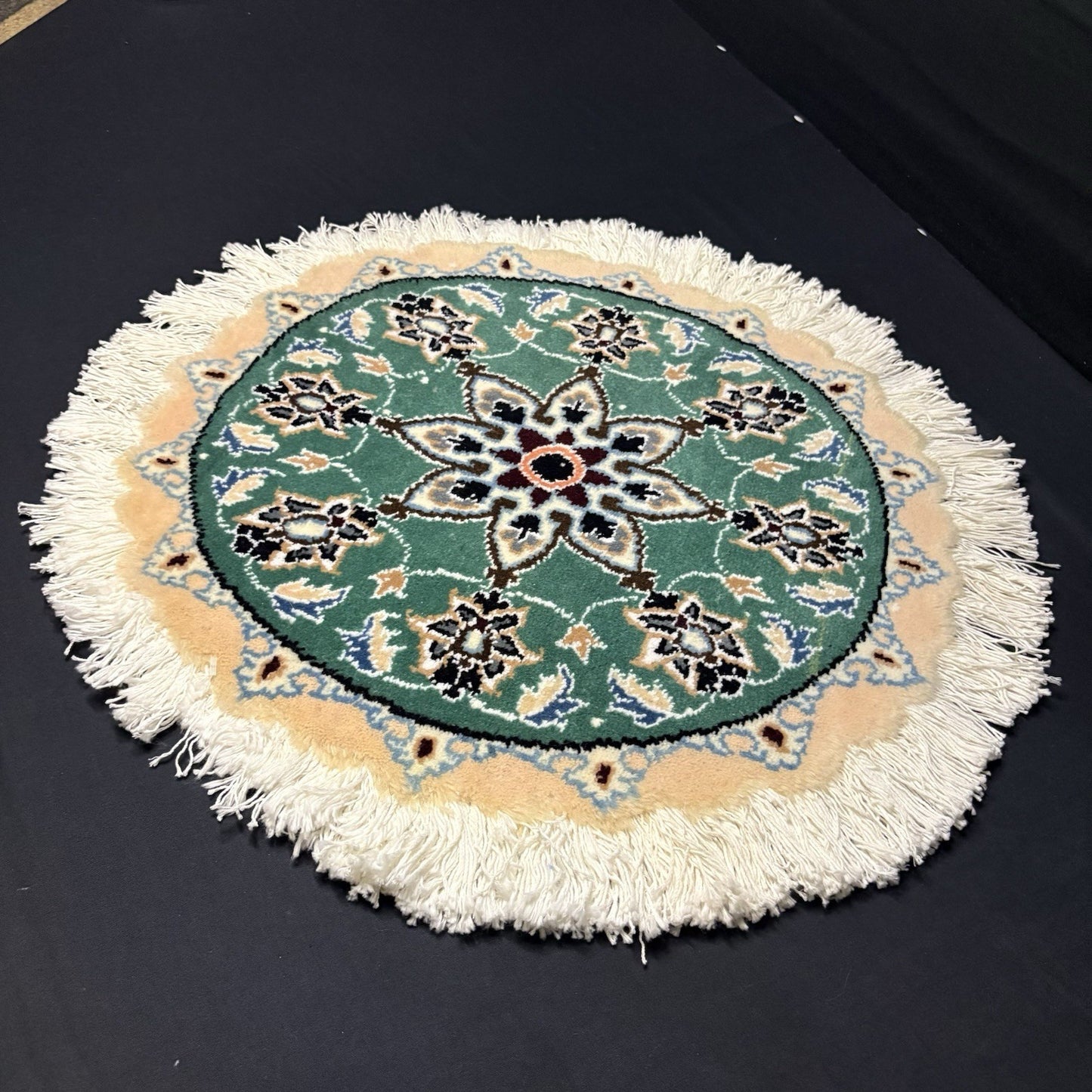Round Rug Size 18”x18” Or 45cm Blue Medallion Hand Knotted Rug7