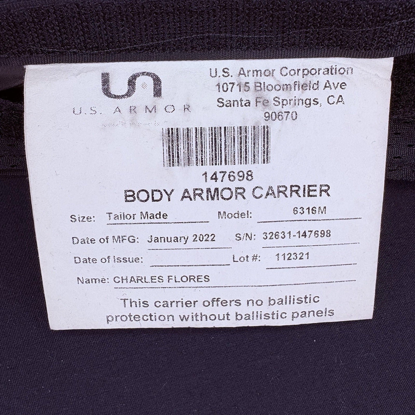 US Armor Bullet Proof Vest IIIA (3A) Size Large 2022 w/ Trauma Plate Concealable8