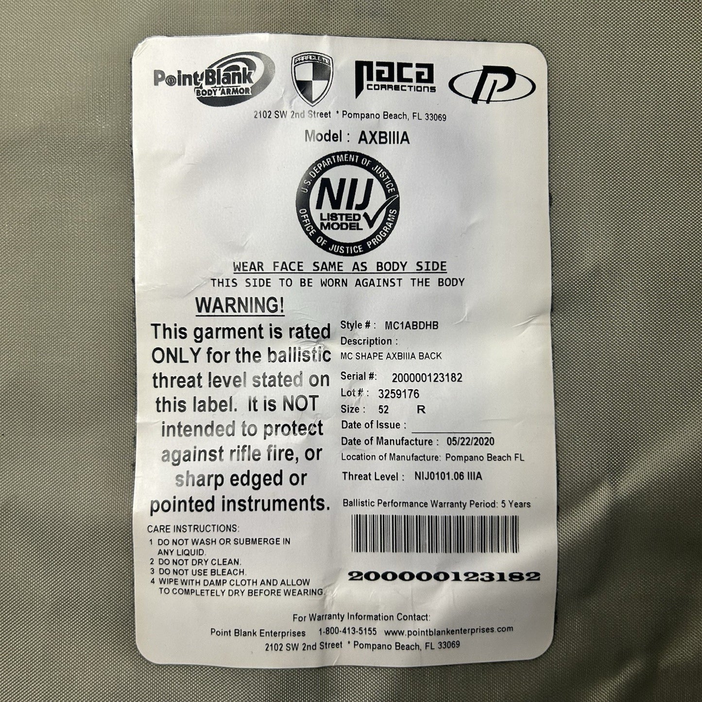 PB Armor 3A (IIIA) Vest AXIIIA (Size XL) Hi-Lite Male Carrier ~2020~10