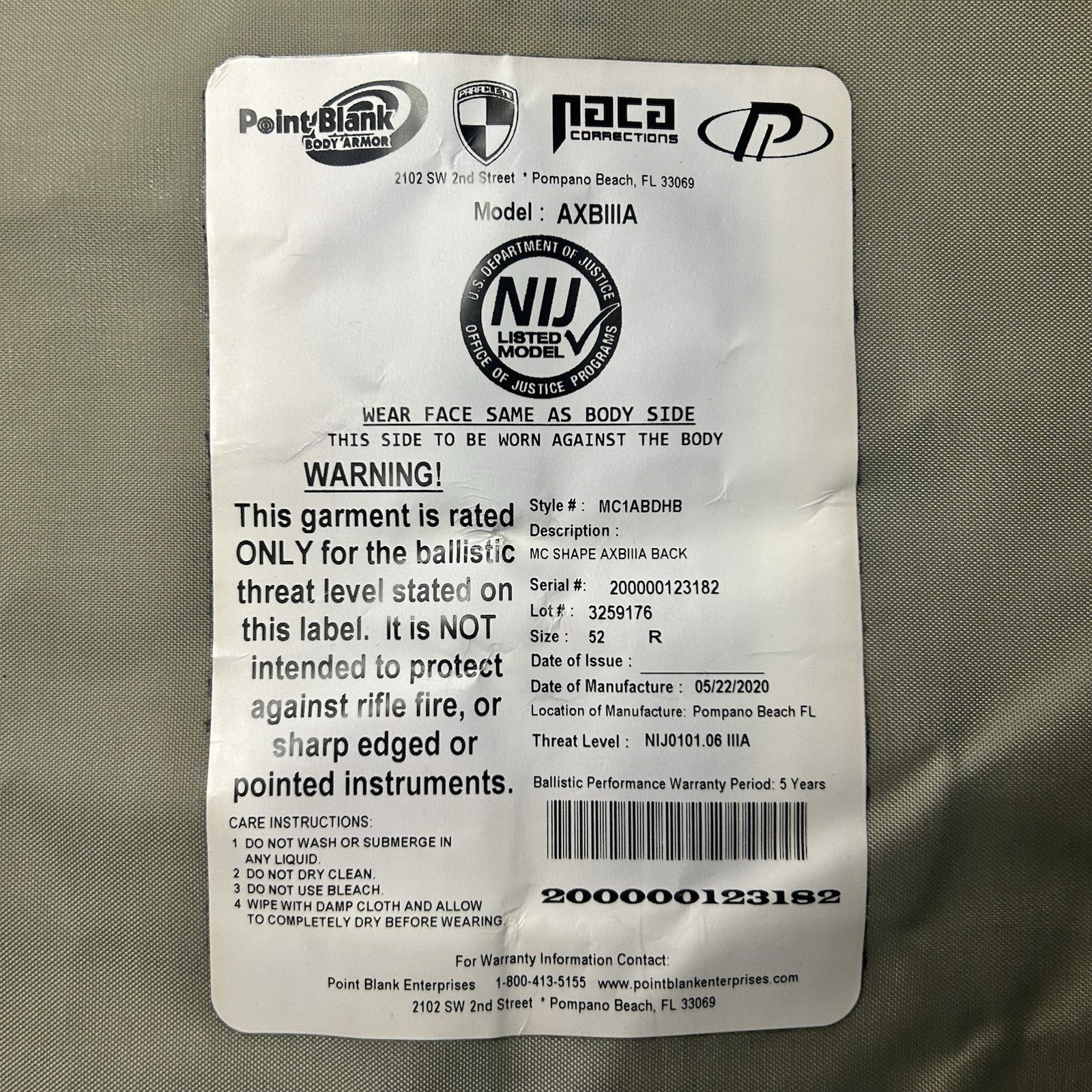 PB Armor 3A (IIIA) Vest AXIIIA (Size XL) Hi-Lite Male Carrier ~2020~10