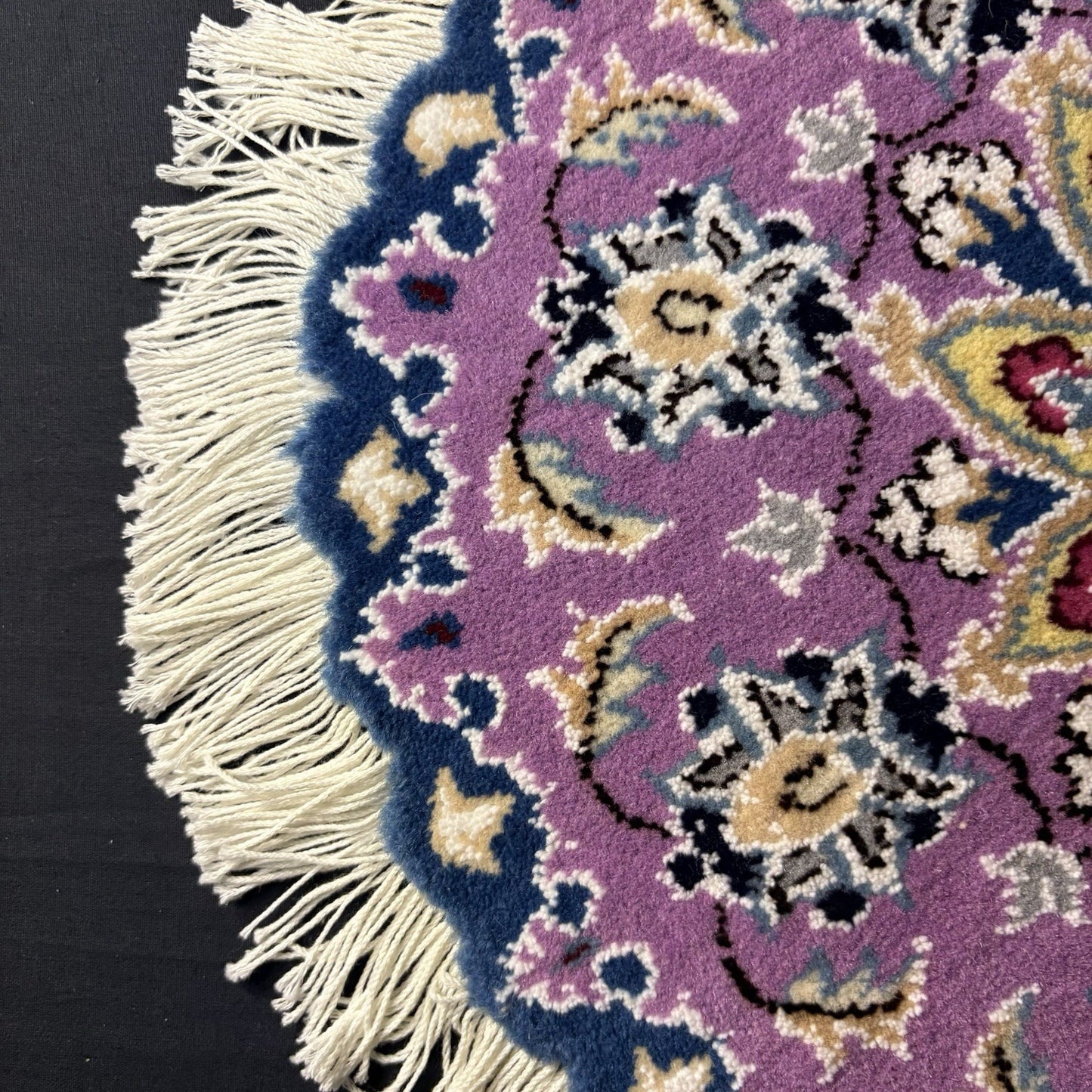 Persian Nain Round Rug Purple Medallion Rug Hand Knotted Size 15”x15” Or 38cm3