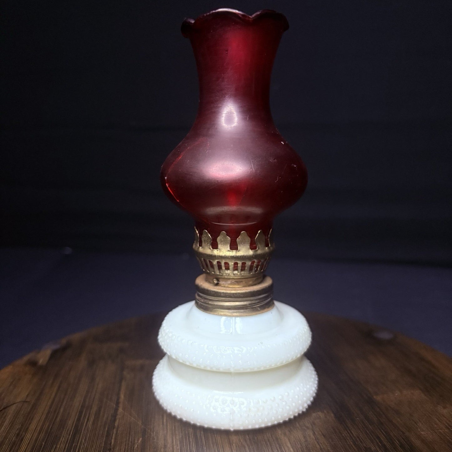 VTG Miniature Hurricane Oil Lamp Hobnail Milk Glass Base Ruby Globe, Hong Kong14